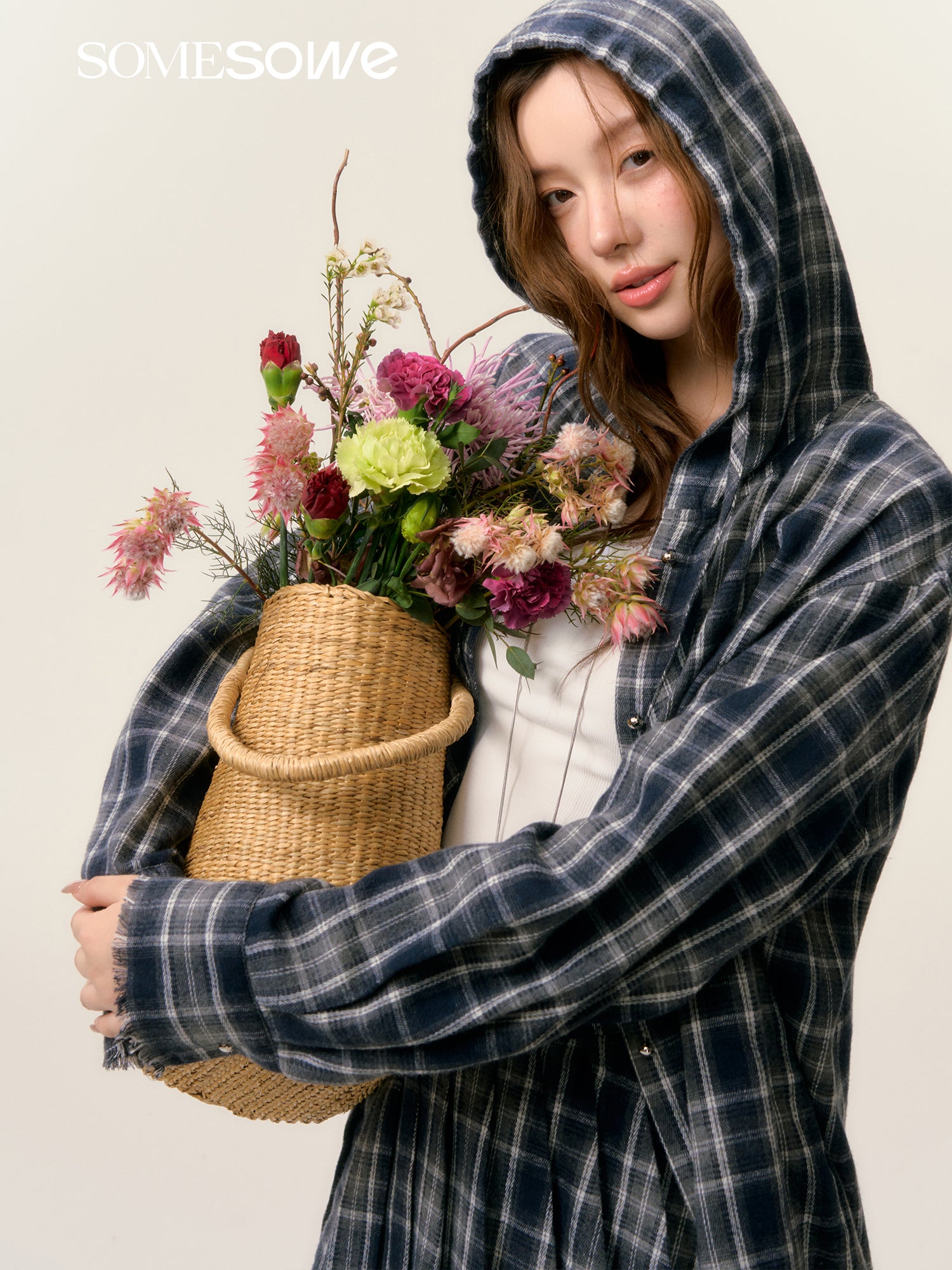SOMESOWE S2508025&S2508026 Plaid hooded shirt + shorts set(seperate)