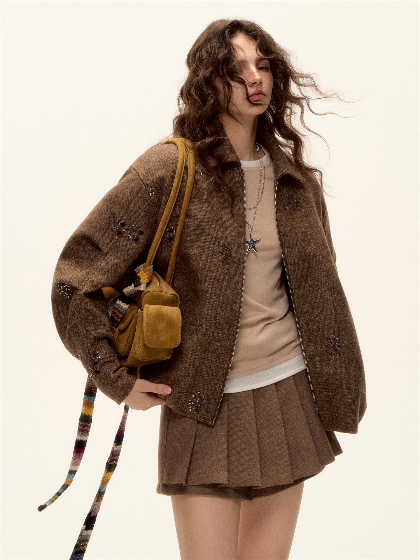 AsGony ASG25497 Bead embroidery plaid splicing flower bud wool jacket