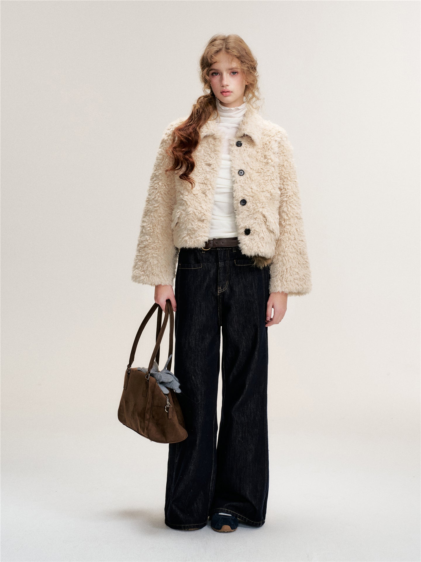 16DEWS 16D25489 Lamb fur one-piece single breasted short jacket