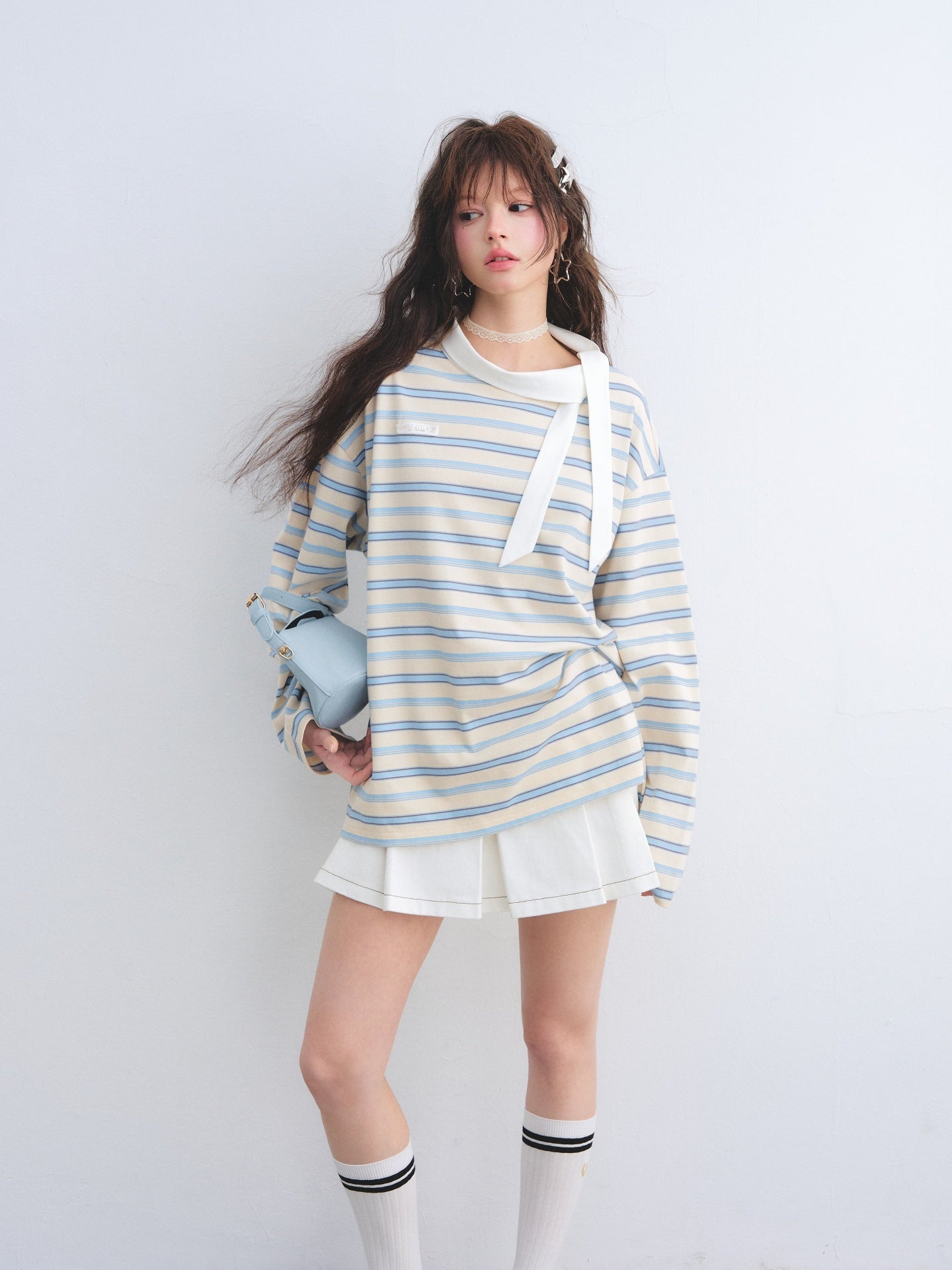AsGony ASG26017 Leading loose striped T-shirt
