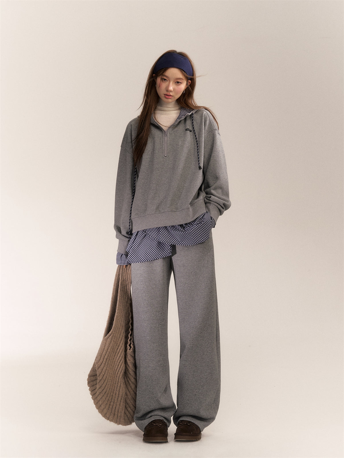 AsGony ASG24641 & ASG2642 Splicing plaid hoodie + loose pants set