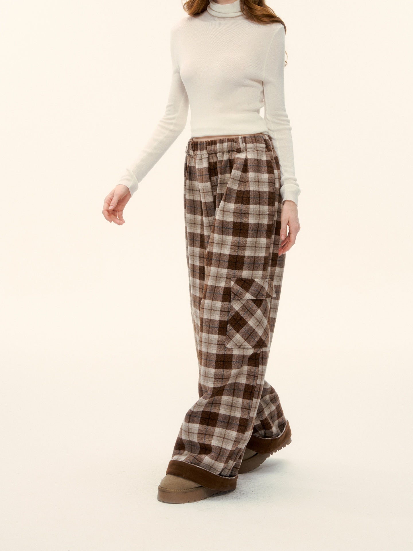 AsGony ASG25629 Elastic plaid wide leg casual pants