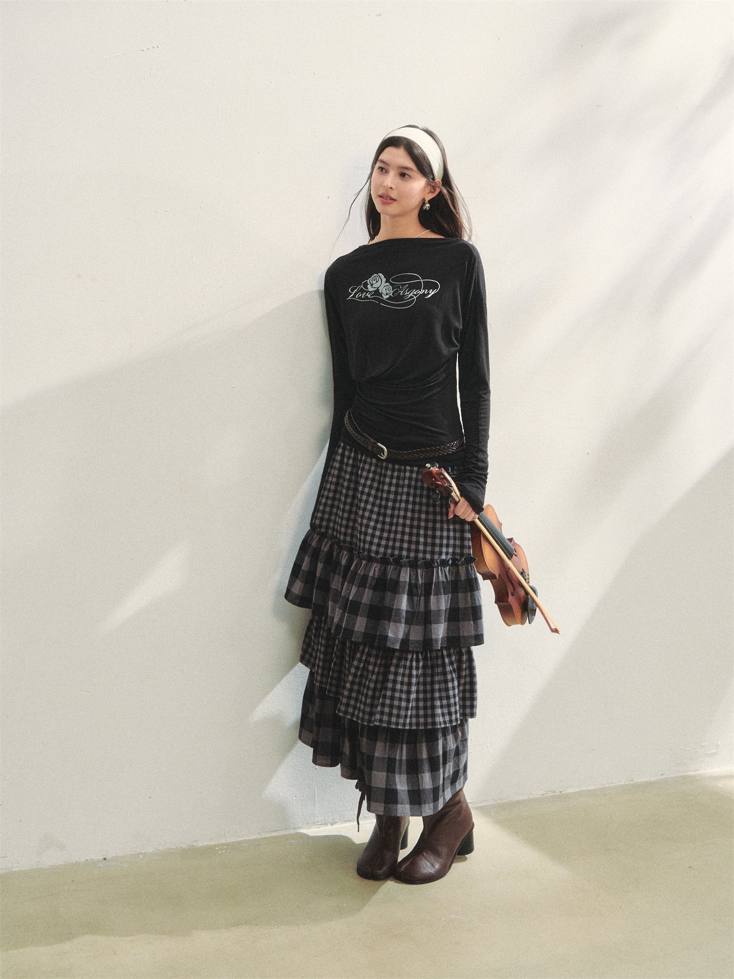 AsGony ASG25288 Plaid patchwork lace waist multi-layer long skirt