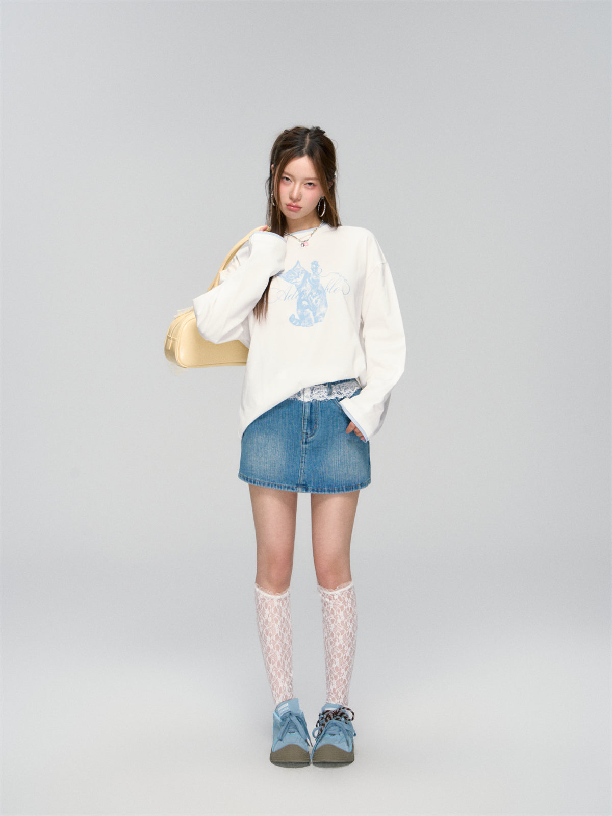 AsGony ASG25027 Lace patchwork denim pantskirt