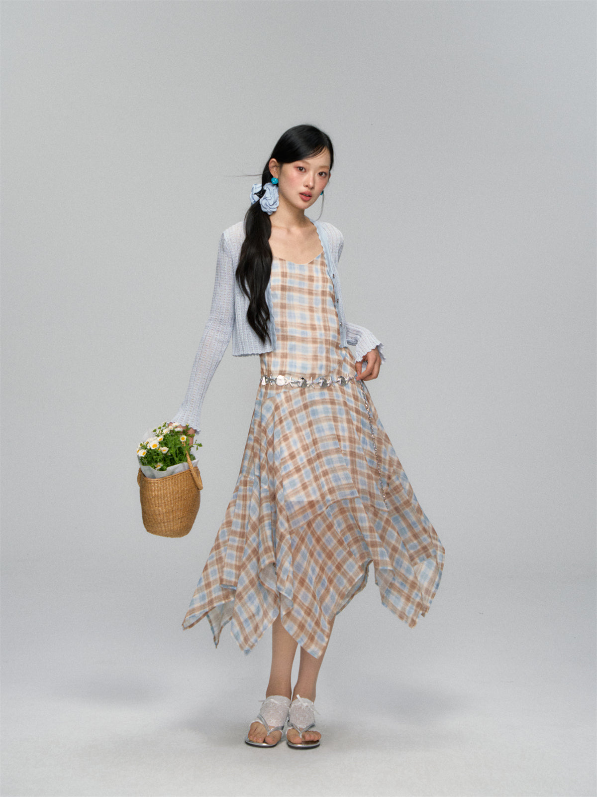 AsGony ASG25159 Irregular plaid camisole ruffle edge dress