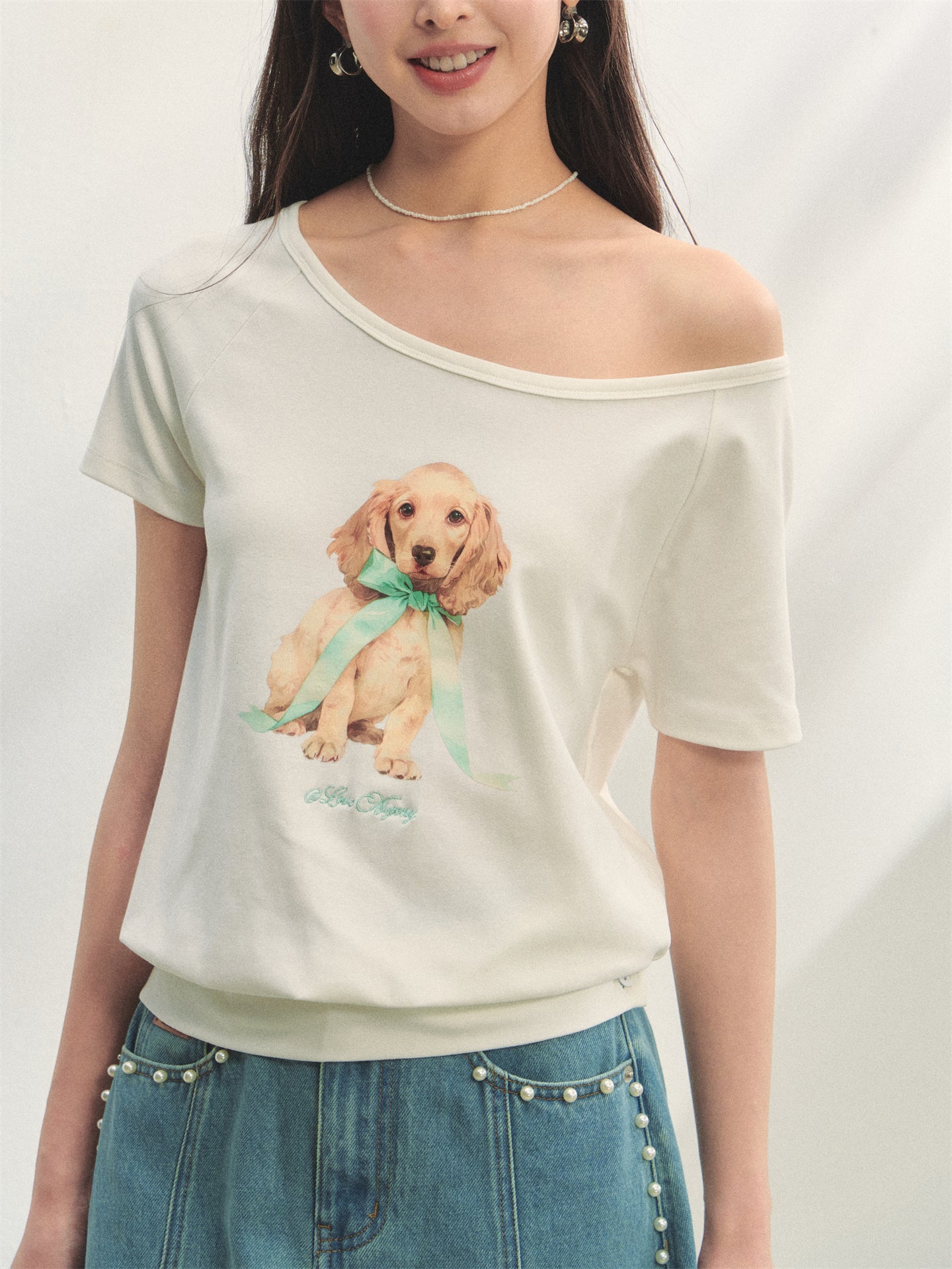 AsGony ASG25272 One shoulder bow dog short sleeved T-shirt (2color)