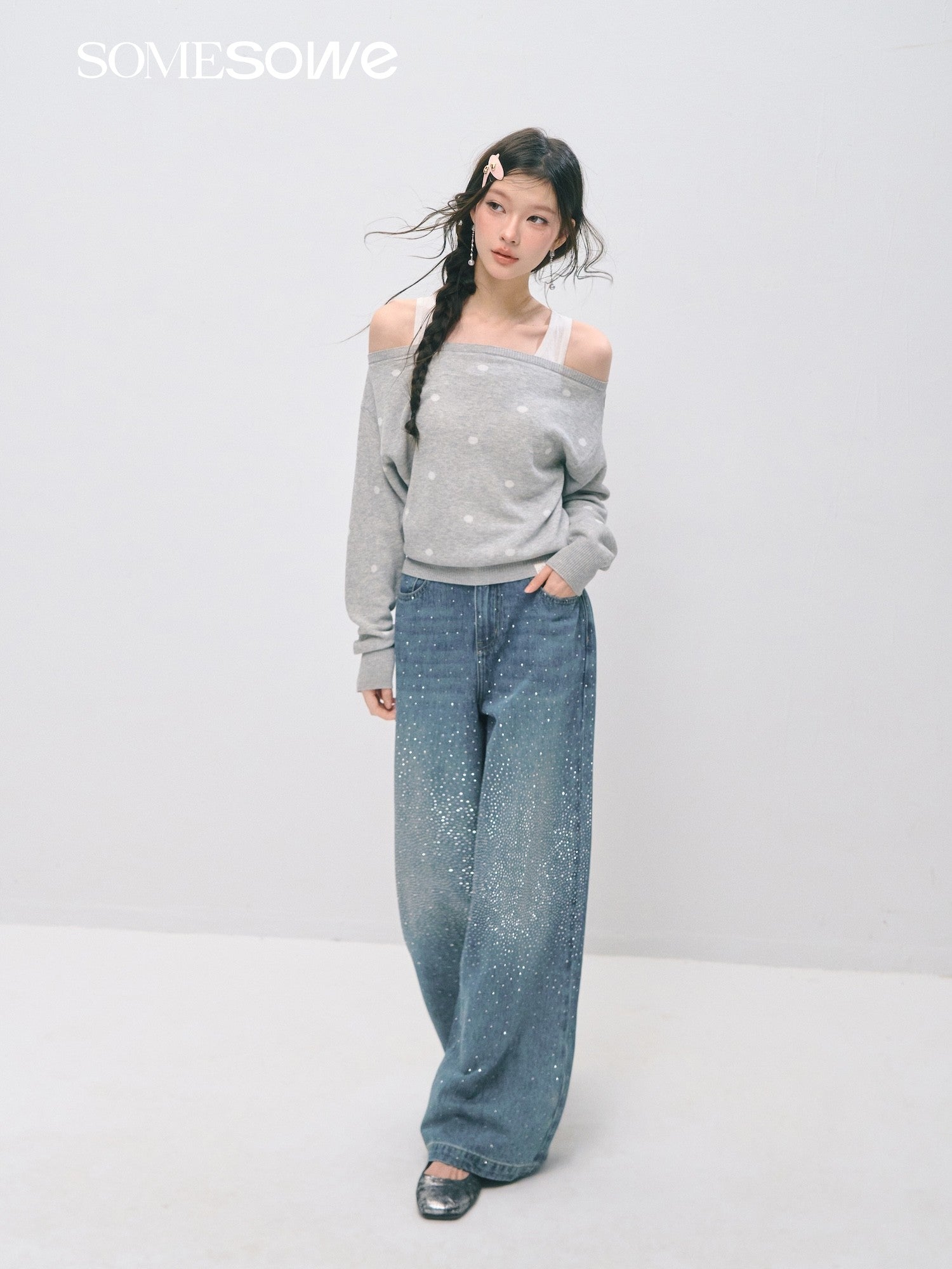 SOMESOWE S2509024 One shoulder polka dot fake two sweaters