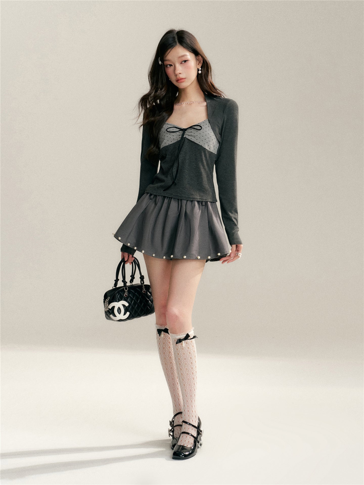 16DEWS 16D26045&16D26046 Stripe contrasting fake two V-neck slim fit top + skirt set