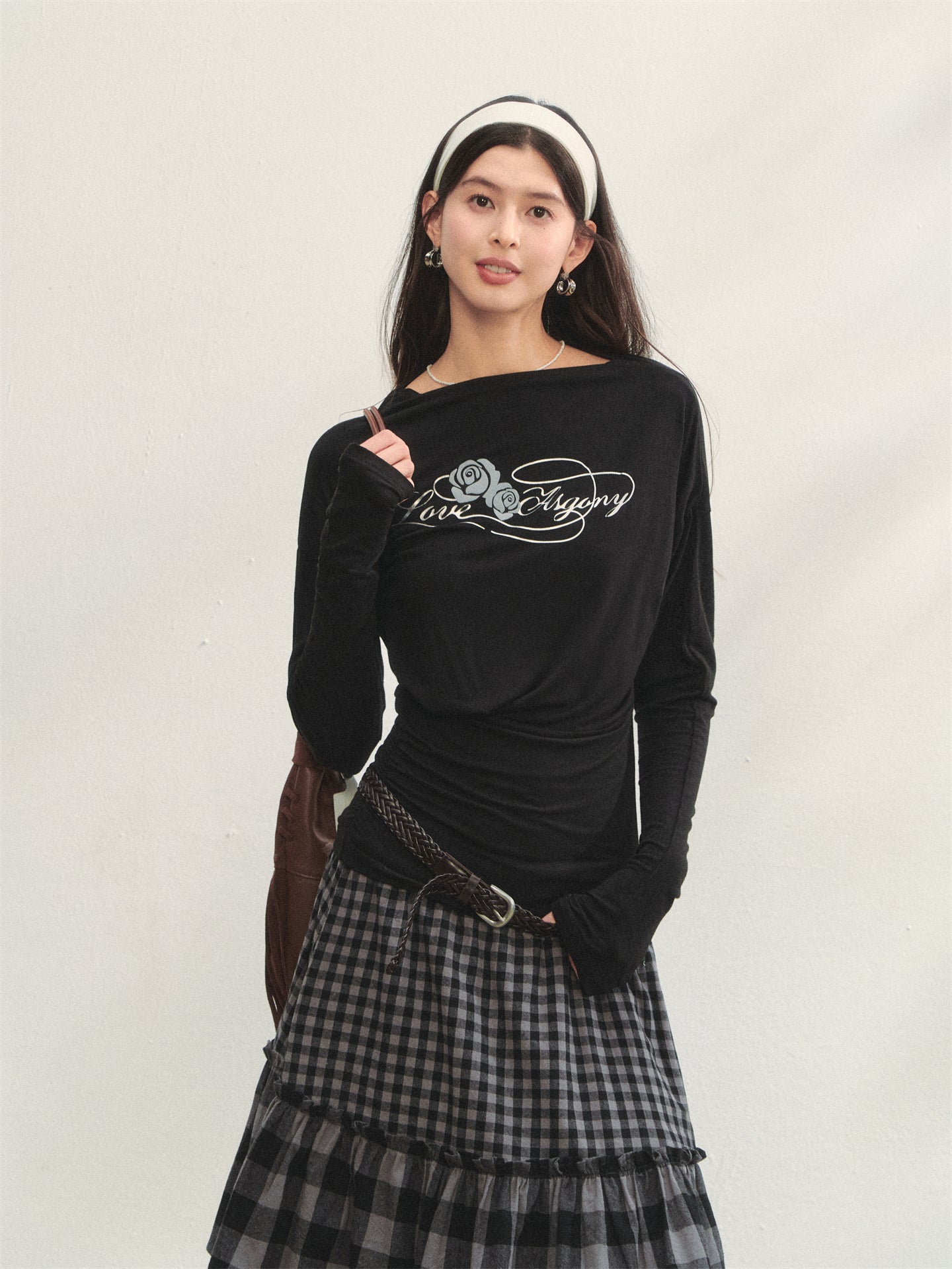 AsGony ASG25286&ASG25287 Printed slim fit pleated long sleeved T-shirt + pants