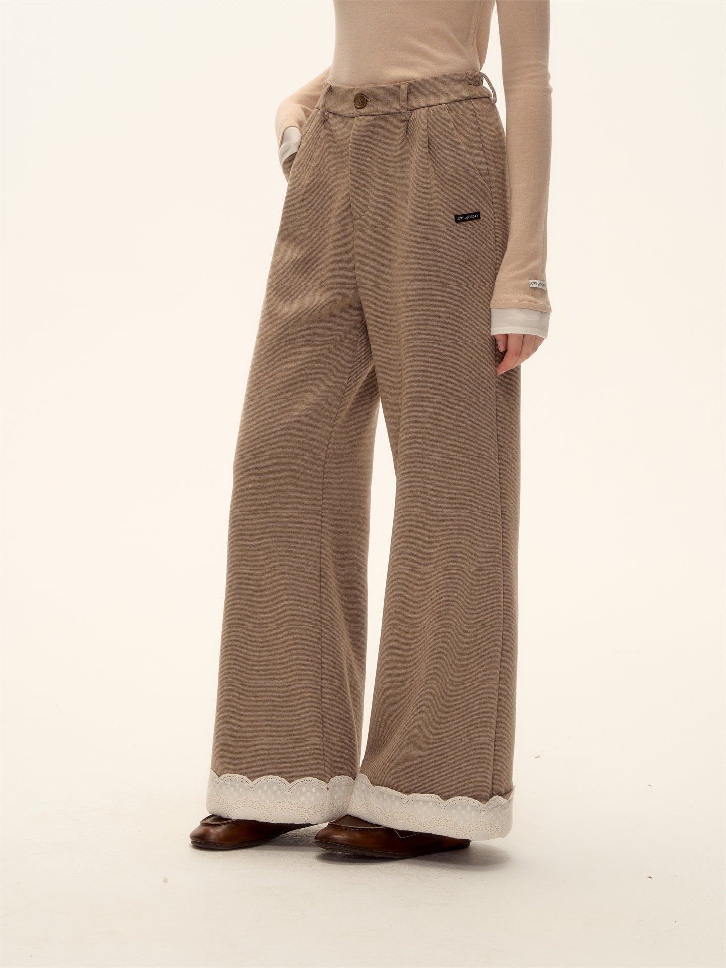 AsGony ASG25473 Embroidered lace straight leg wool casual pants