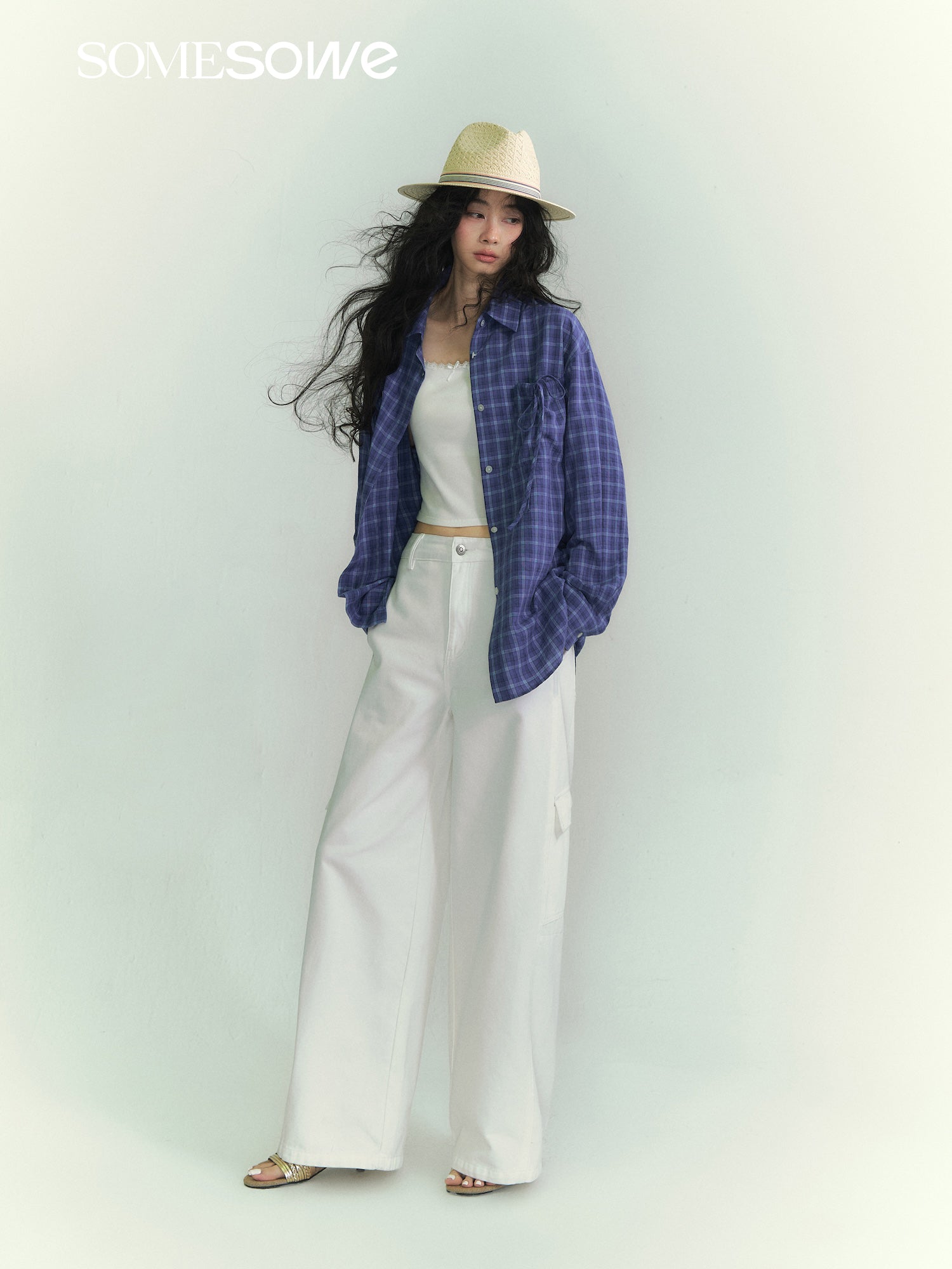 SOMESOWE S2609071 Drawstring pocket plaid shirt