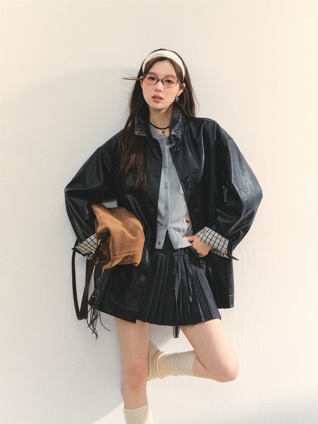 AsGony ASG25334 Cuff plaid patchwork leather jacket