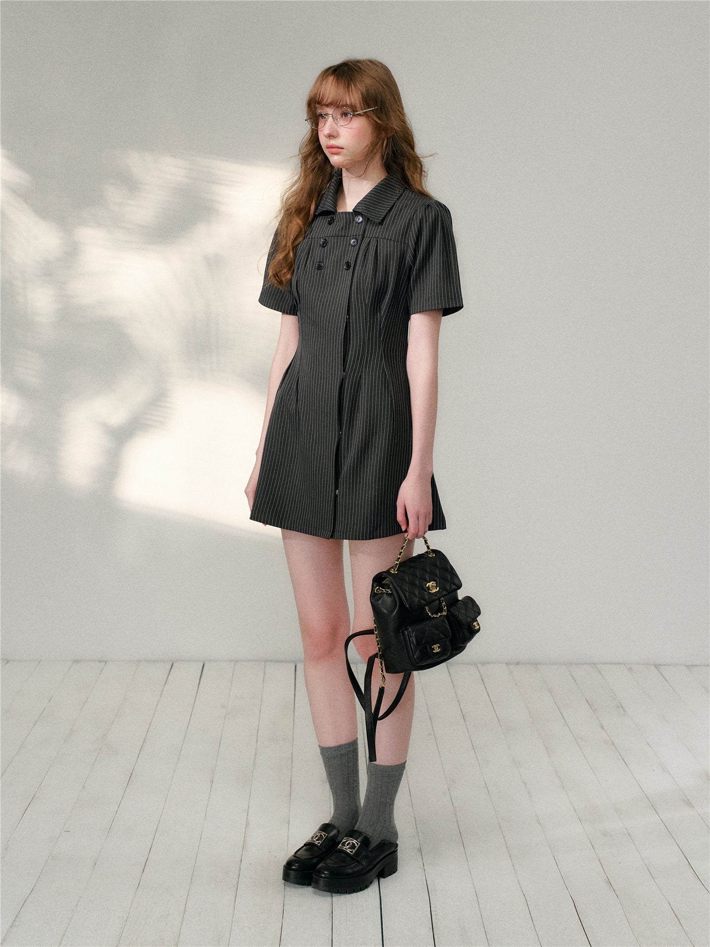16DEWS 16D26092 Striped waist cinched shirt dress