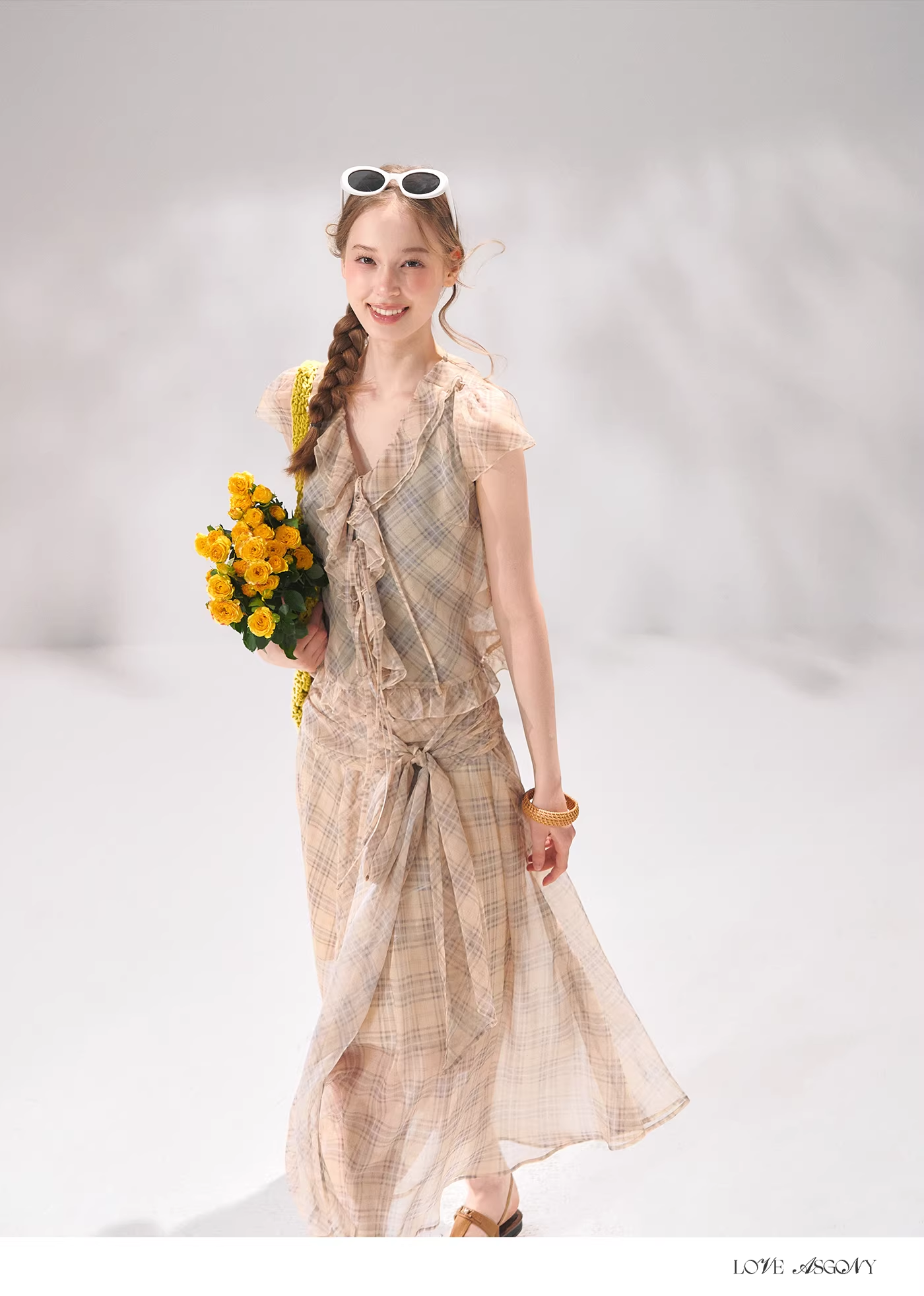 AsGony ASG26065&ASG26066 Tie up plaid chiffon top + skirt