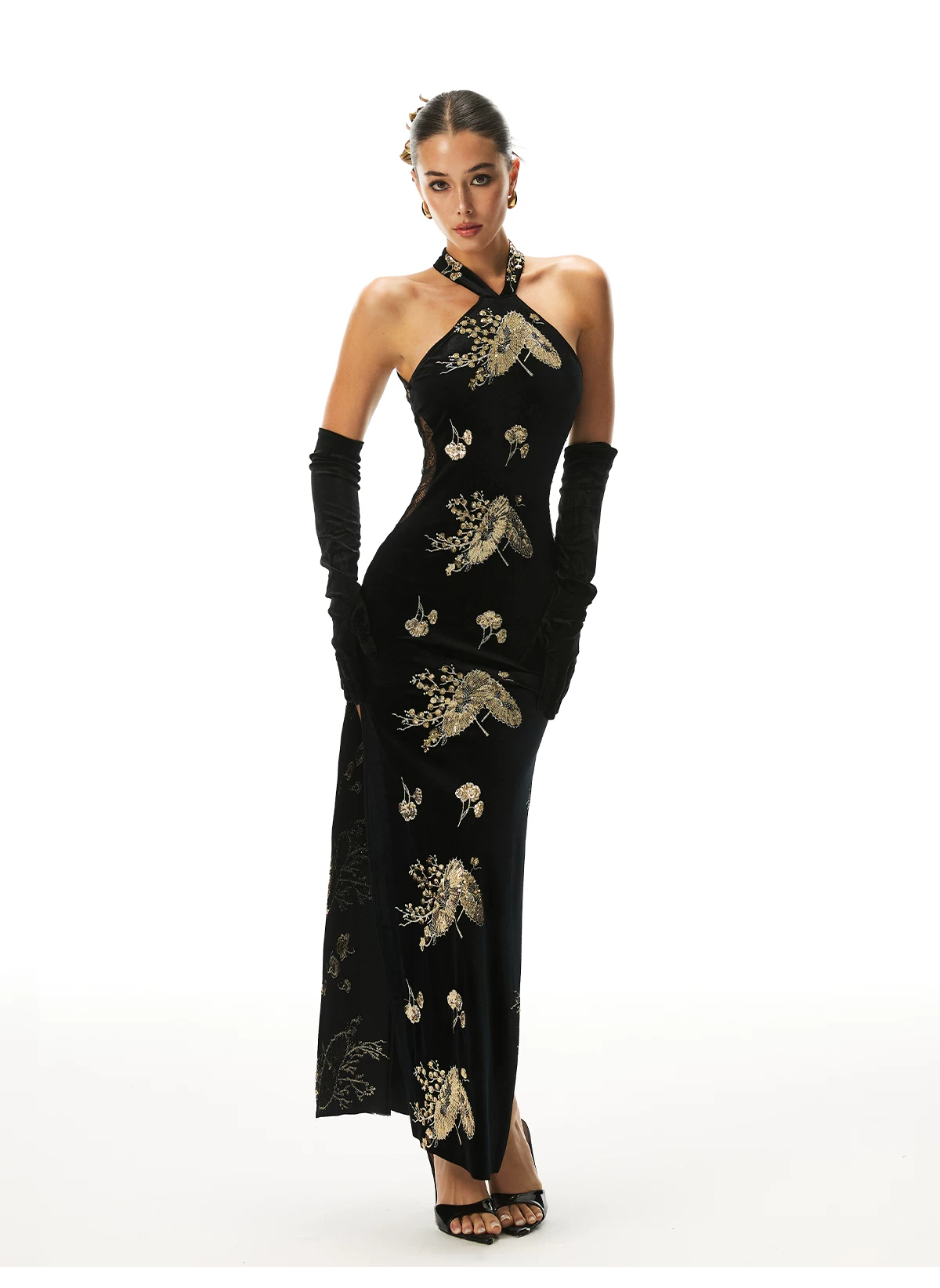 FIND YA WINGS Velvet Halter Beaded Cheongsam