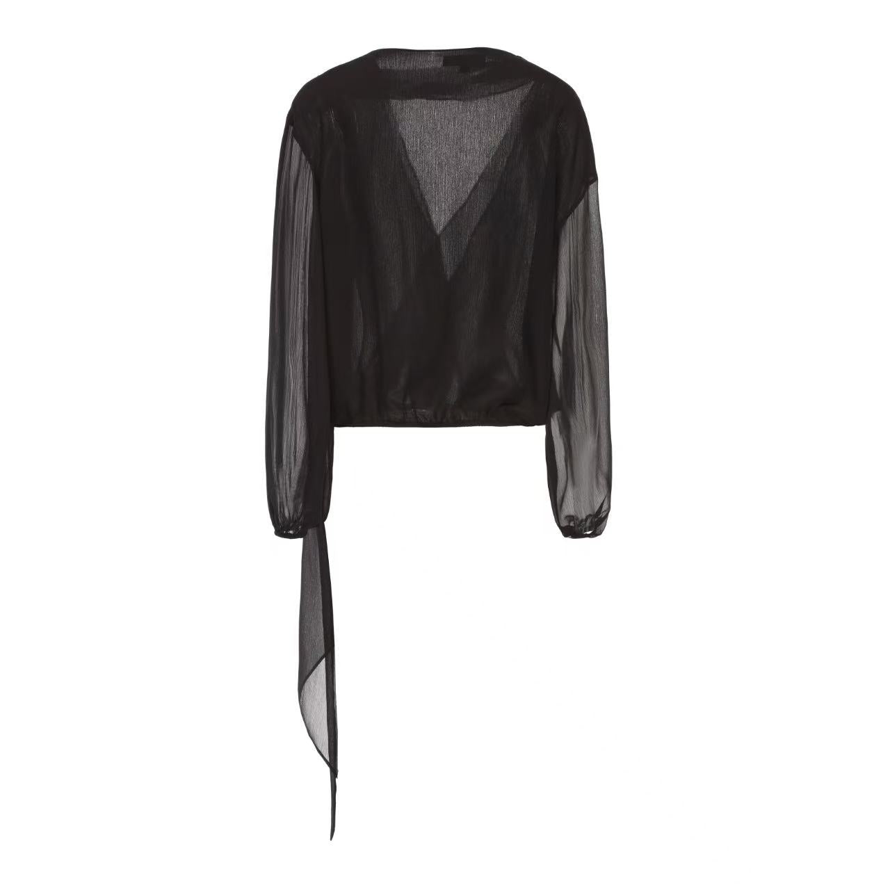 Kingwen Black V-neck long sleeved shirt + Pleated ribbon skirt set (seperate)