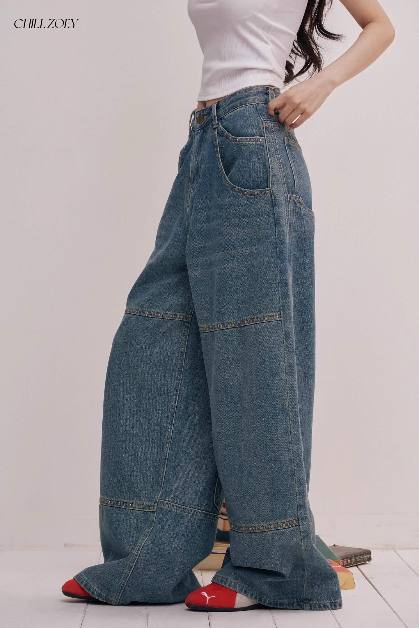 Chill Zoey M690293 Studded Oversized Wide-Leg Jeans