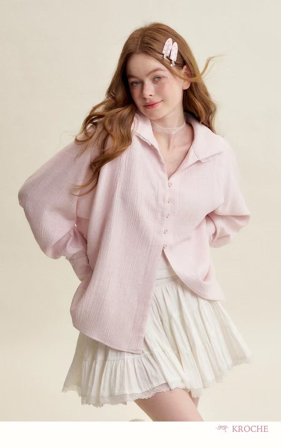 Kroche Lace patchwork loose pink shirt