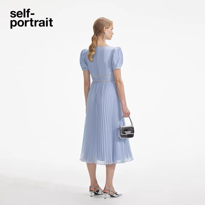 Self-Portrait BLUE METALLIC CHIFFON MIDI DRESS