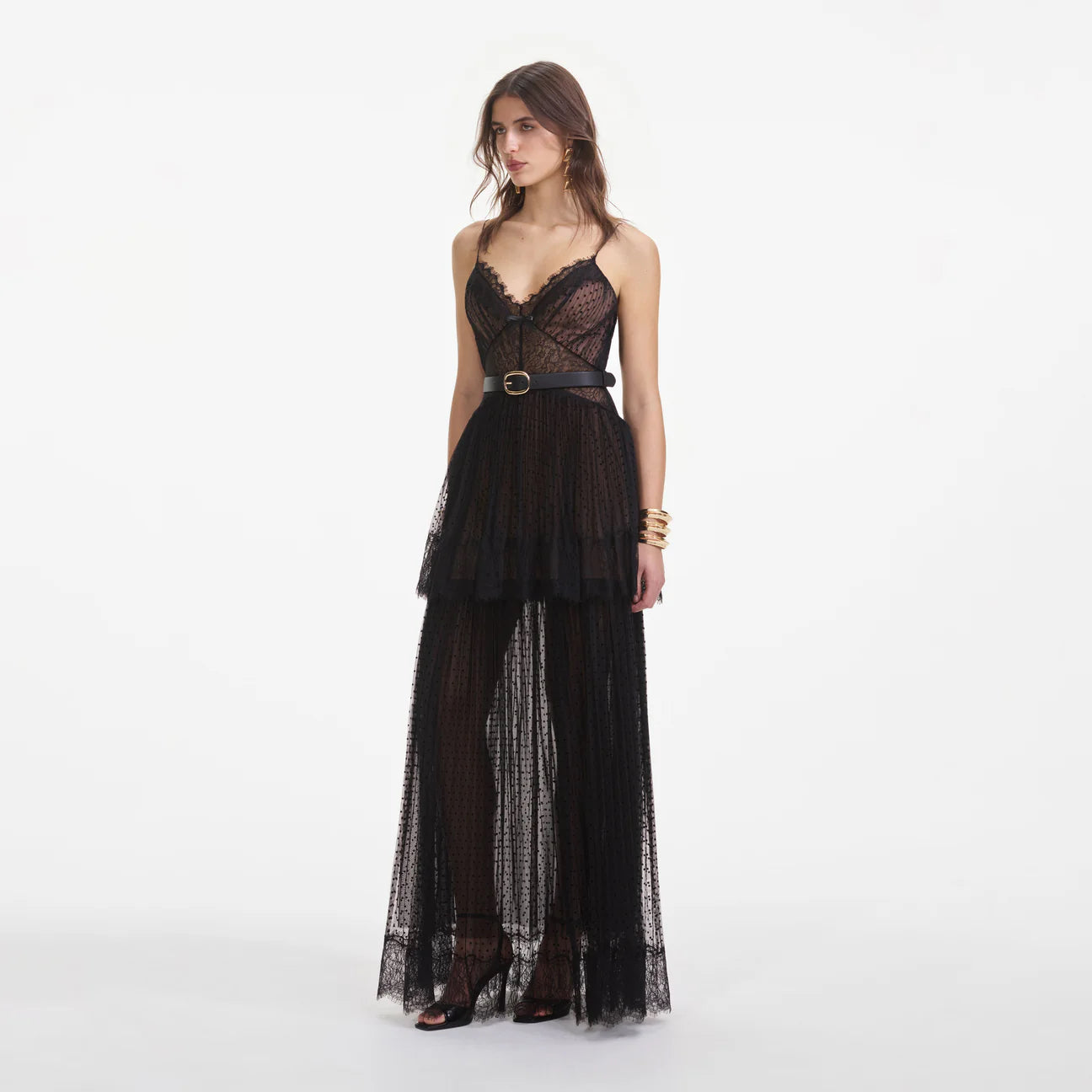 Self-Portrait Black Dot Mesh Tiered Maxi Dress