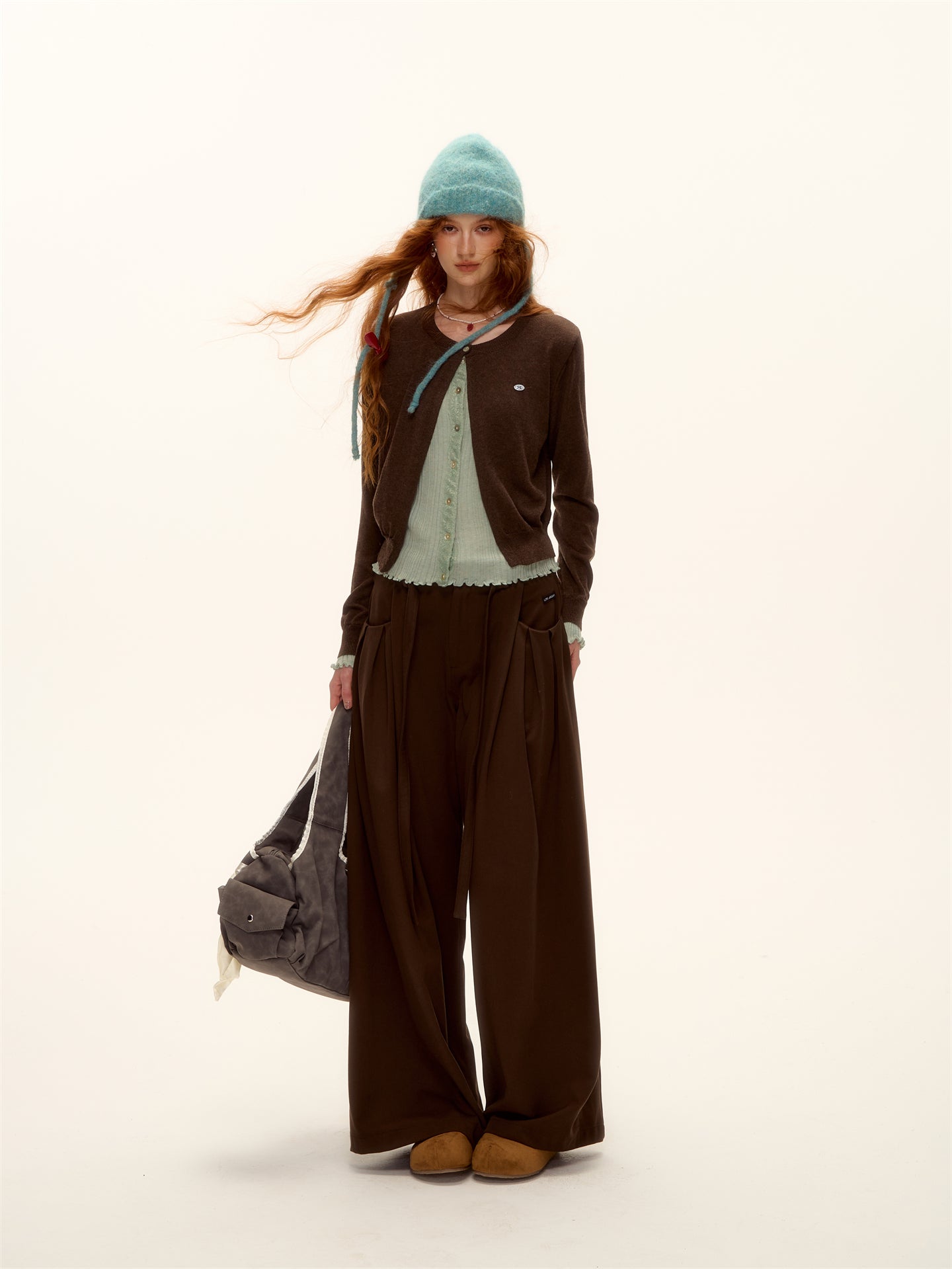 AsGony ASG25409 Contrasting color split knit cardigan