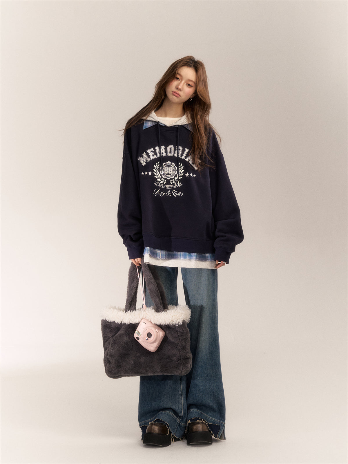 AsGony ASG24643 Vintage patchwork plaid hoodie