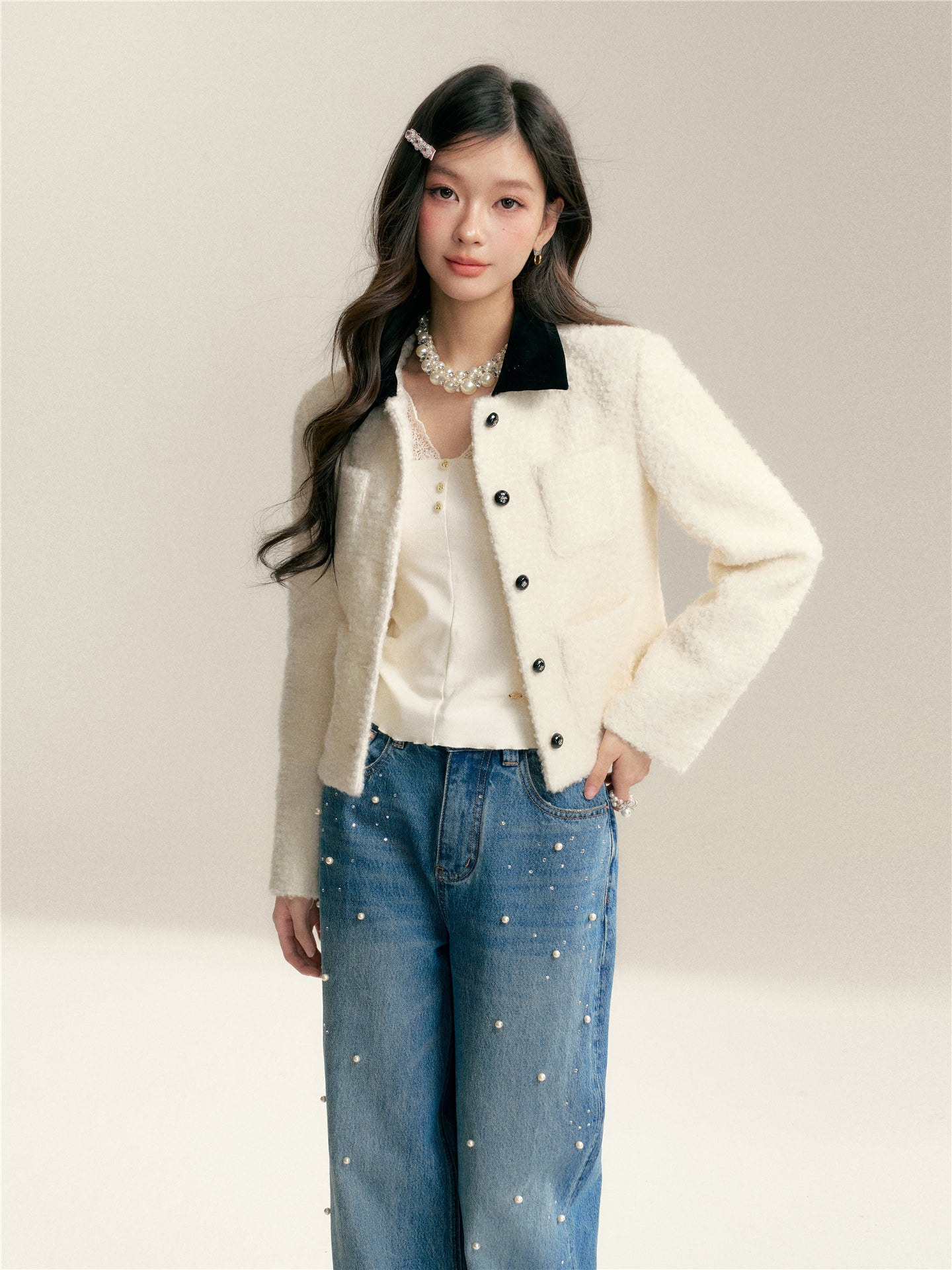 16DEWS 16D26004 Color blocking lapel texture short jacket