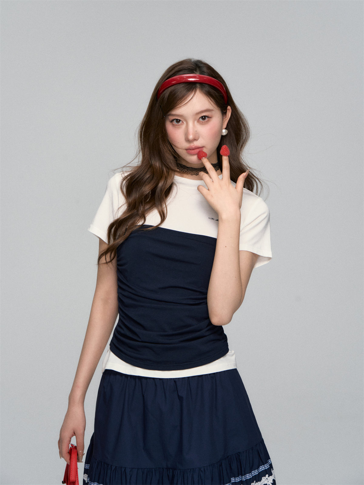 AsGony ASG25108 Fake two piece slim fit short sleeved top (2color)