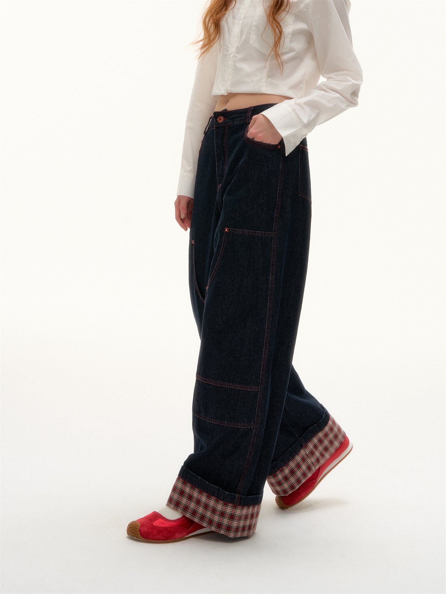 AsGony ASG25380 Plaid spliced flared hem original denim jeans
