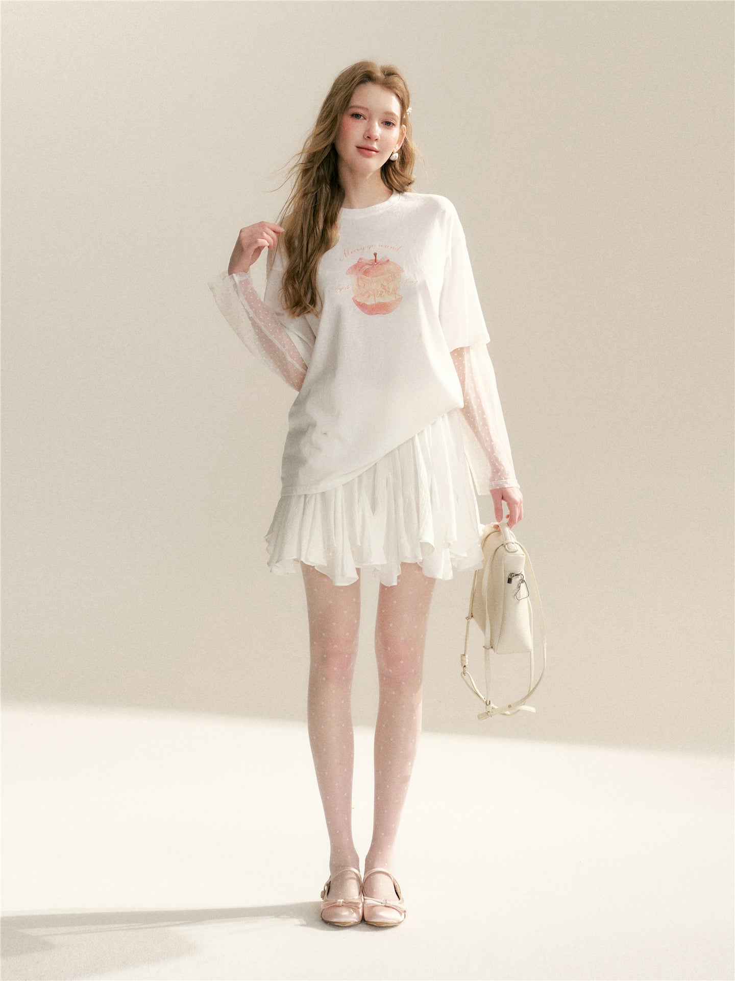 16DEWS 16D26042 Lace patchwork fake two piece long sleeved T-shirt