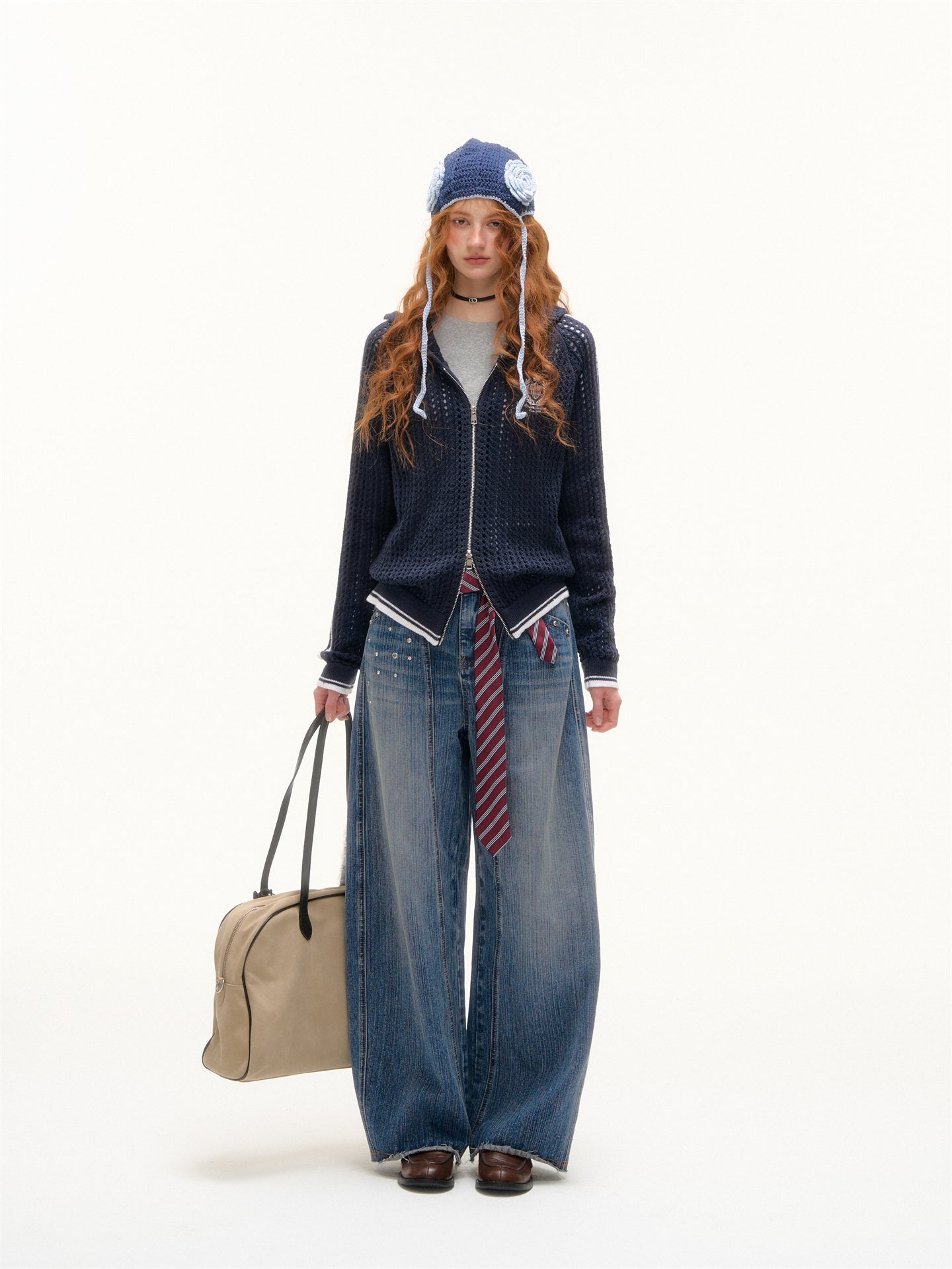 AsGony ASG25388 Hollow knit hooded contrasting embroidered sweater