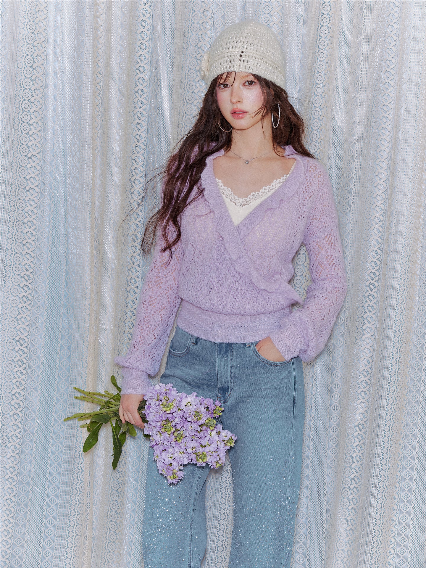 AsGony ASG26007 Wool cross ruffled mohair hollow pullover sweater