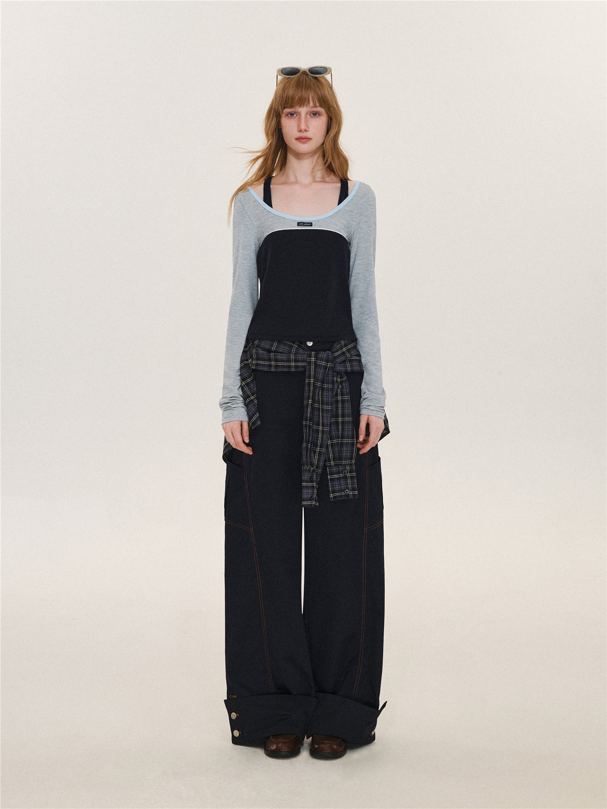 Asgony ASG26580 Relaxed-Fit Plaid Cargo Pants with Overskirt