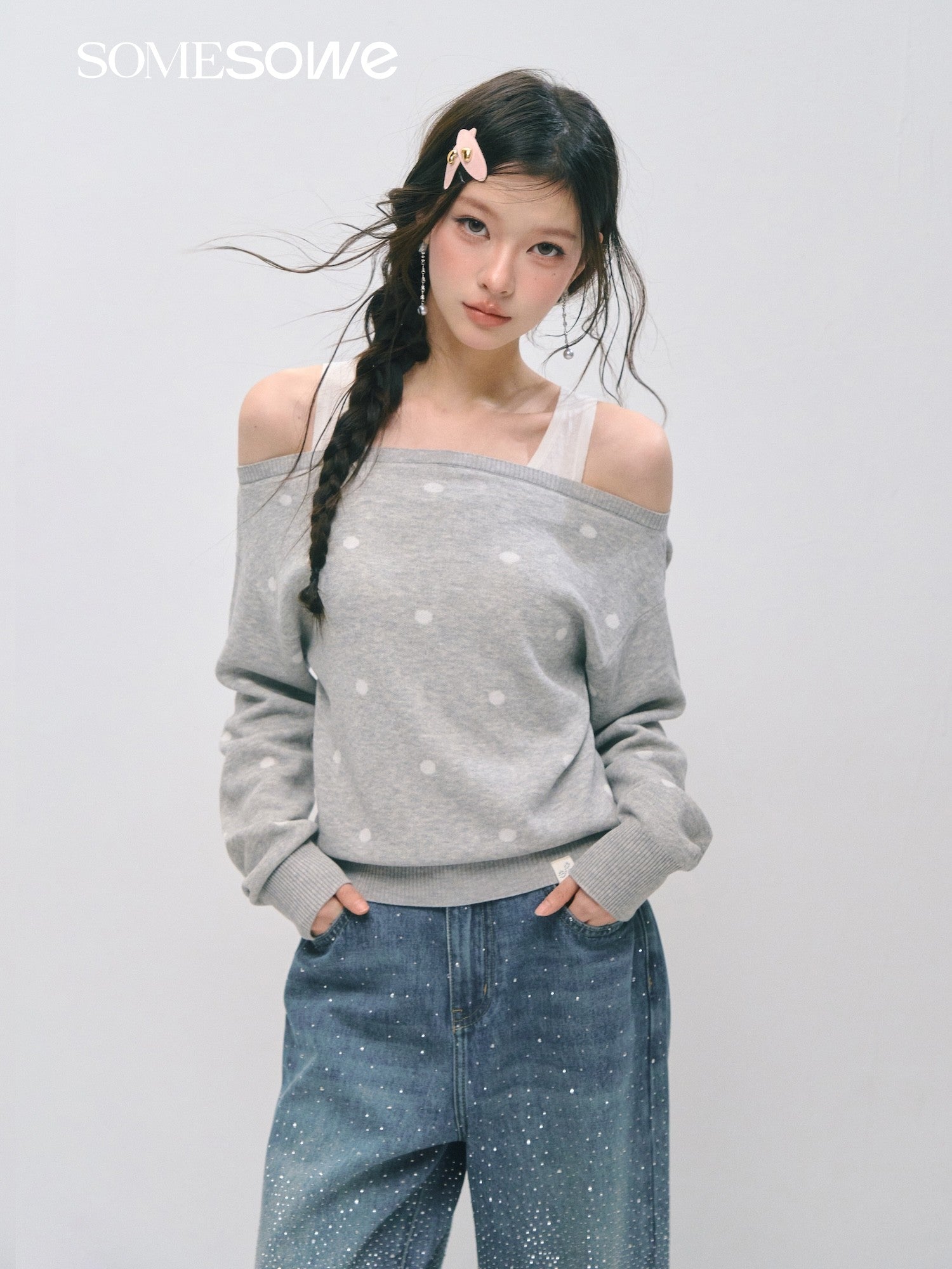 SOMESOWE S2509024 One shoulder polka dot fake two sweaters