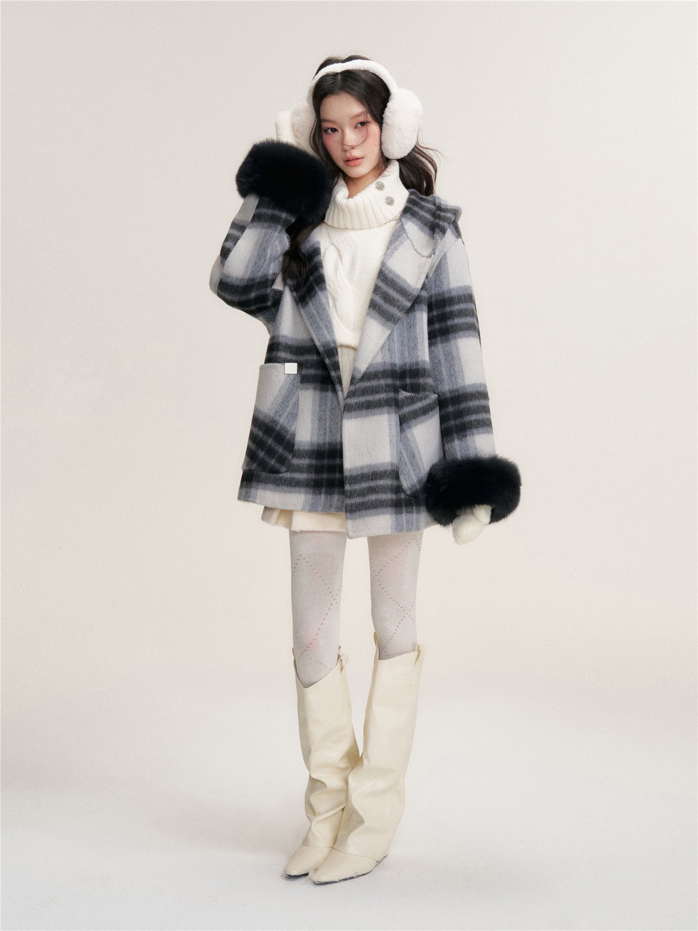 16DEWS 16D25456 Plaid hooded double-sided wool coat