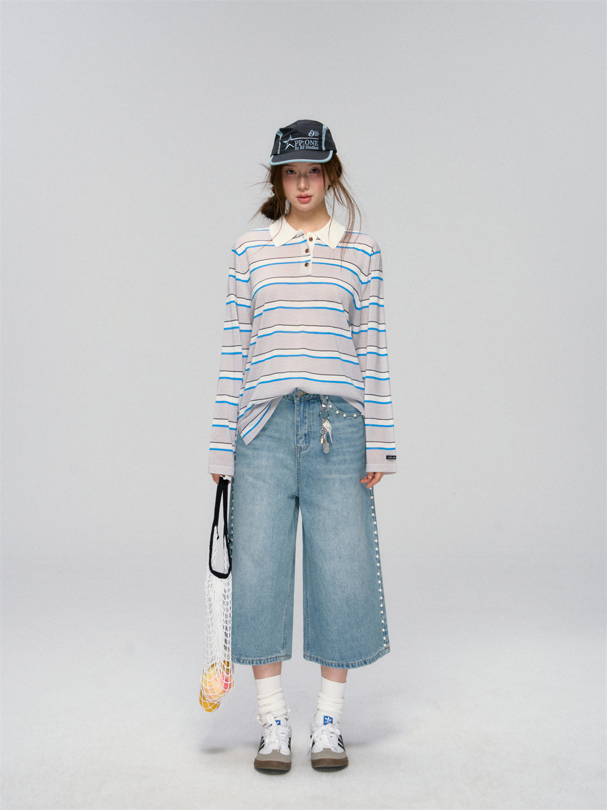 AsGony ASG25036 Striped polo collar loose knit top(2color)