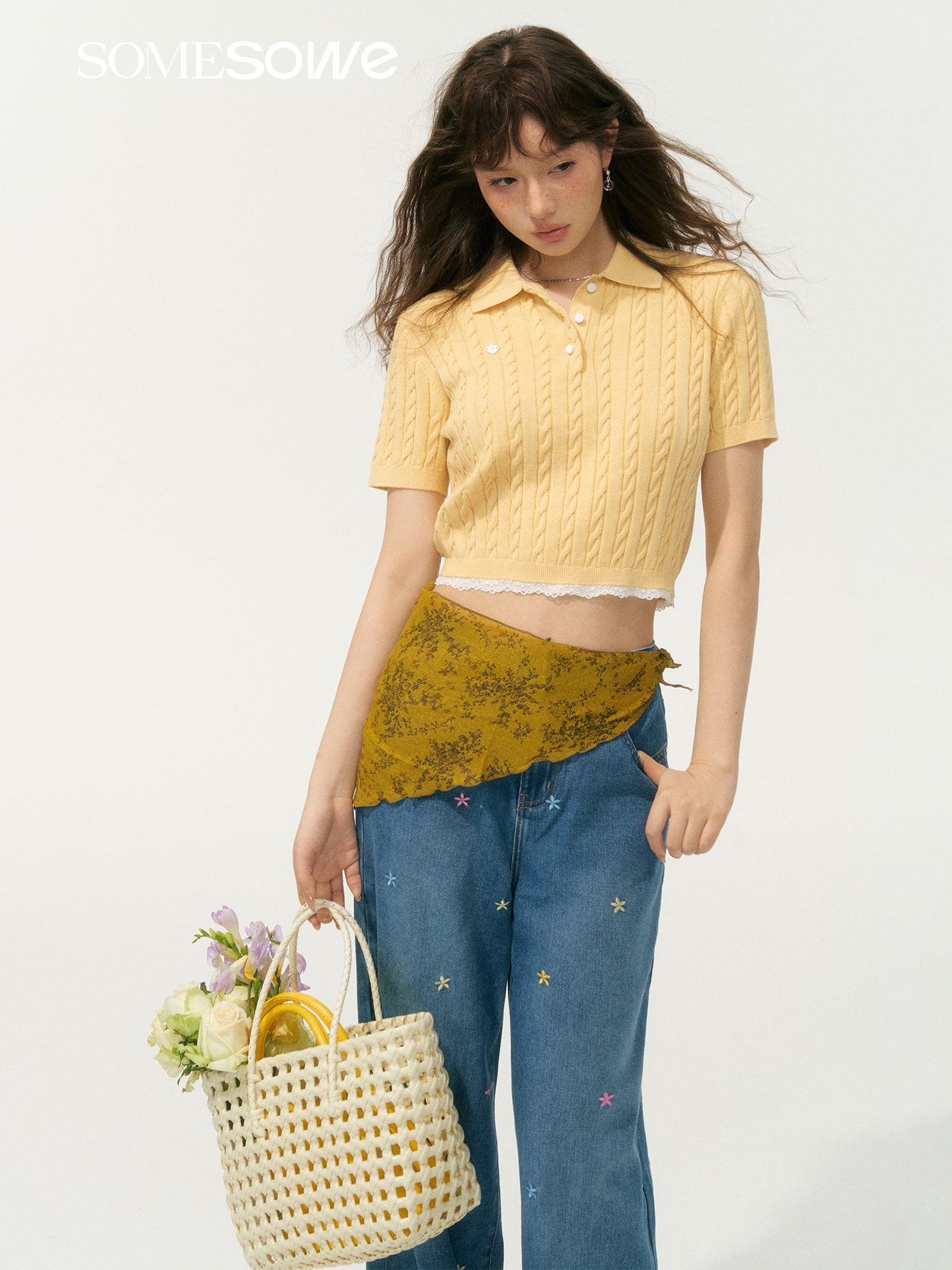 SOMESOWE S2508075 Embroidered flower straight leg jeans