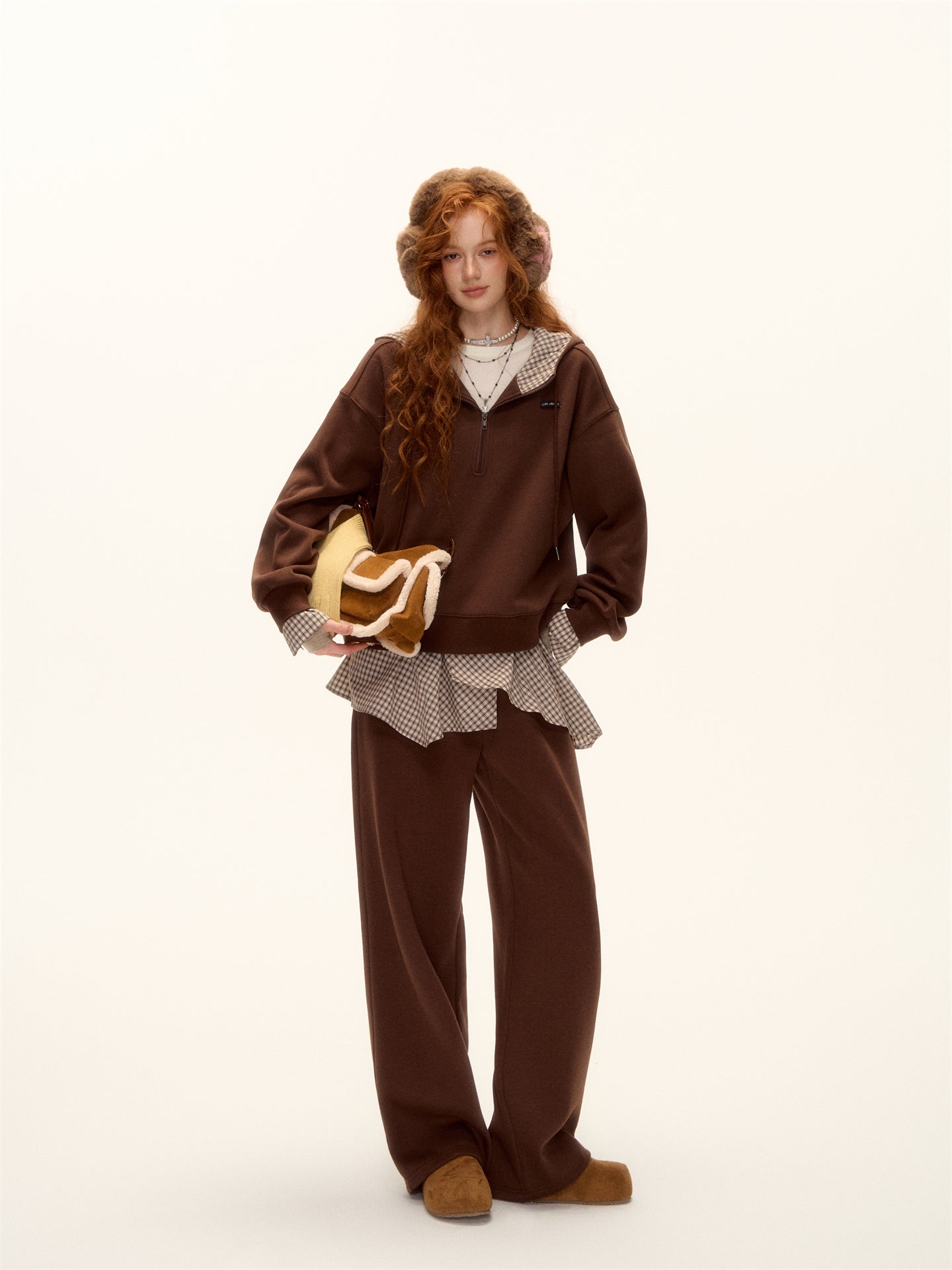 AsGony ASG24642&ASG24641 Plaid patchwork fleece hoodie + pants set