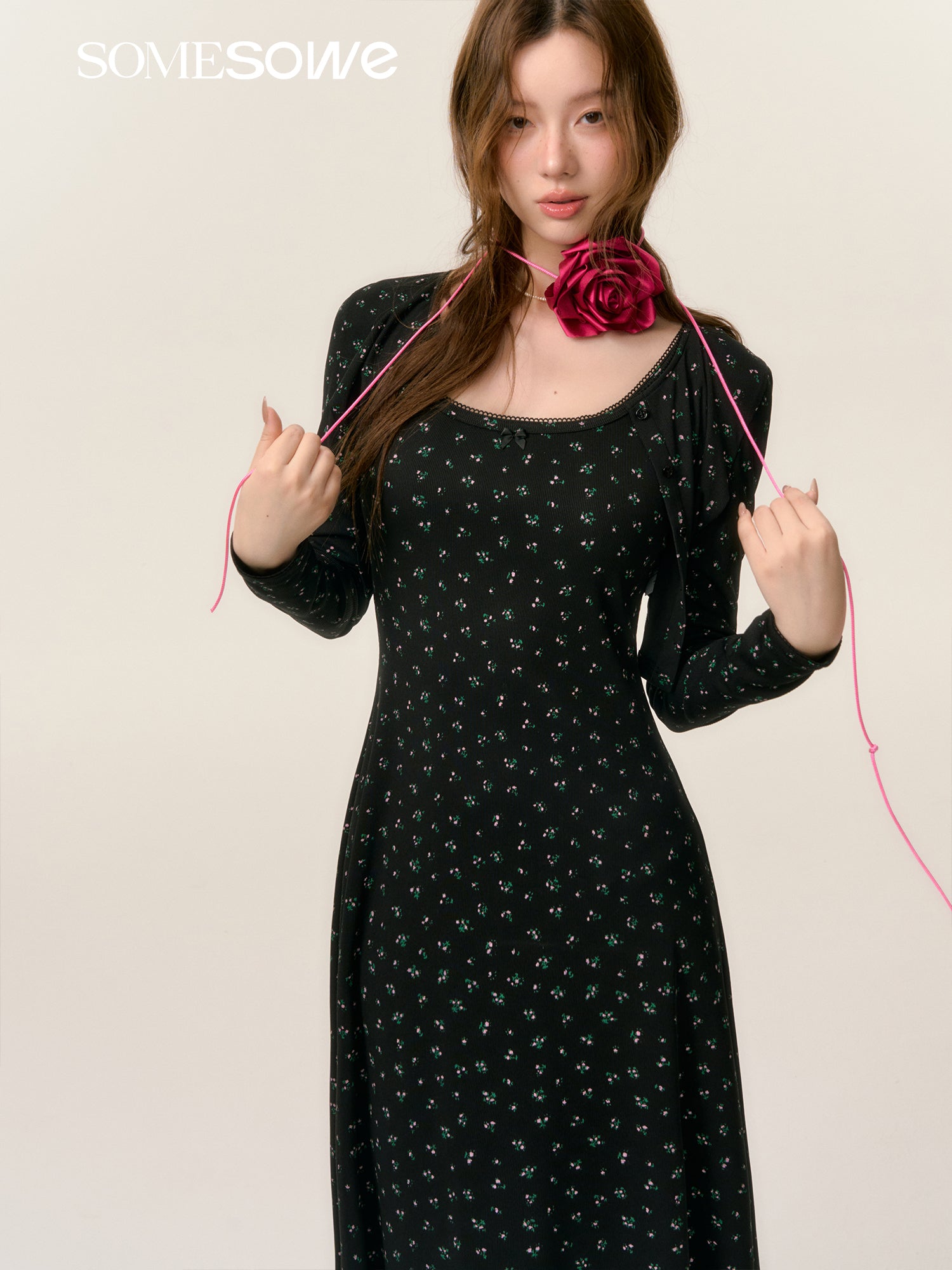 SOMESOWE S2508039&S2508040 Floral knit dress + cardigan set(seperate)