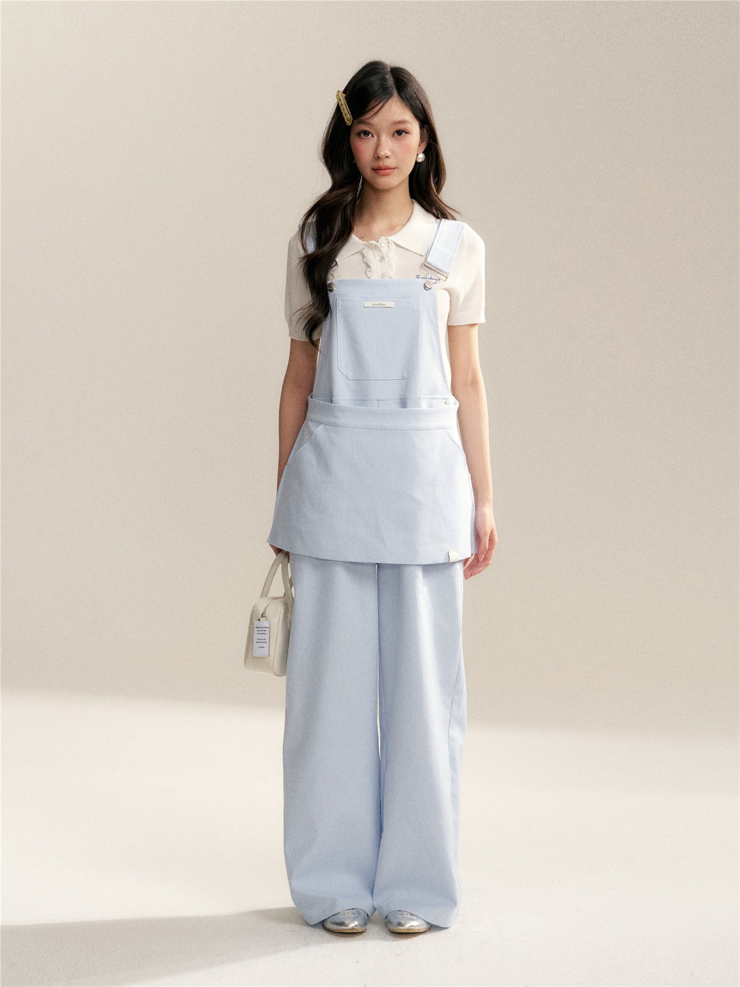 16DEWS 16D26061 Blue and white striped loose overalls