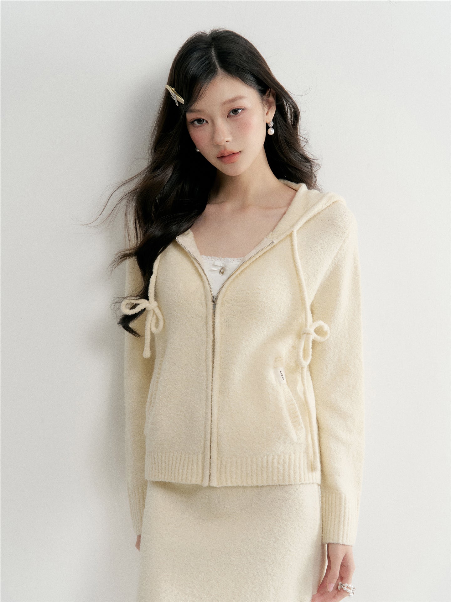 16DEWS 16D26031&16D26032 Drawstring hooded zipper knitted cardigan + skirt