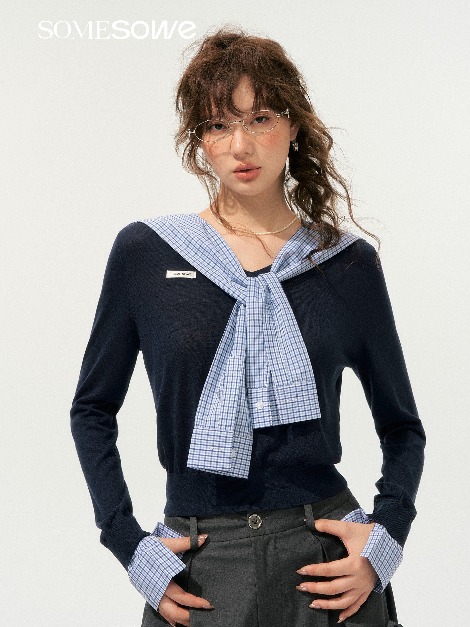 SOMESOWE S2508182 Sailor collar spliced knit top