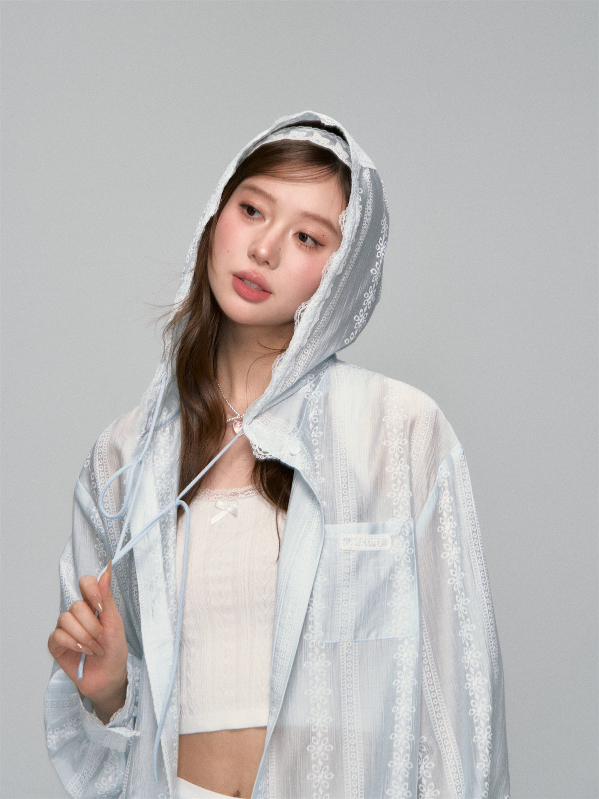 AsGony ASG25118&ASG25119 Floral texture patchwork lace hooded jacket + skirt set (seperate)