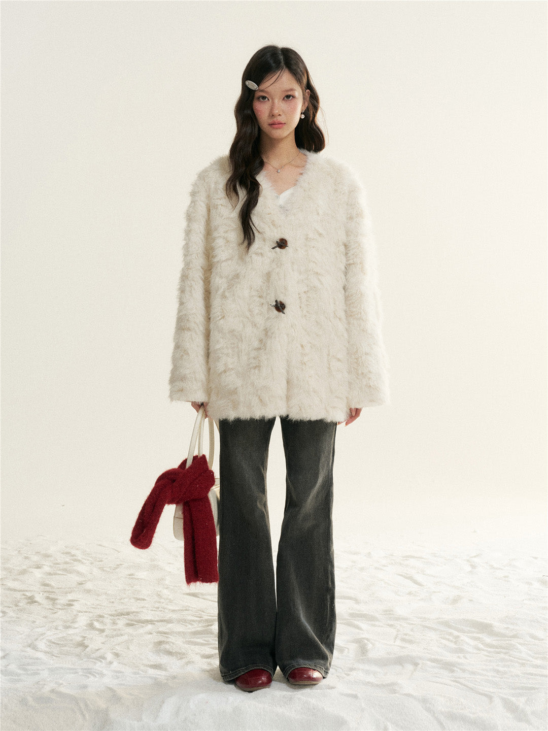 16DEWS 16D25522 Imitation fur one-piece single breasted V-neck jacket