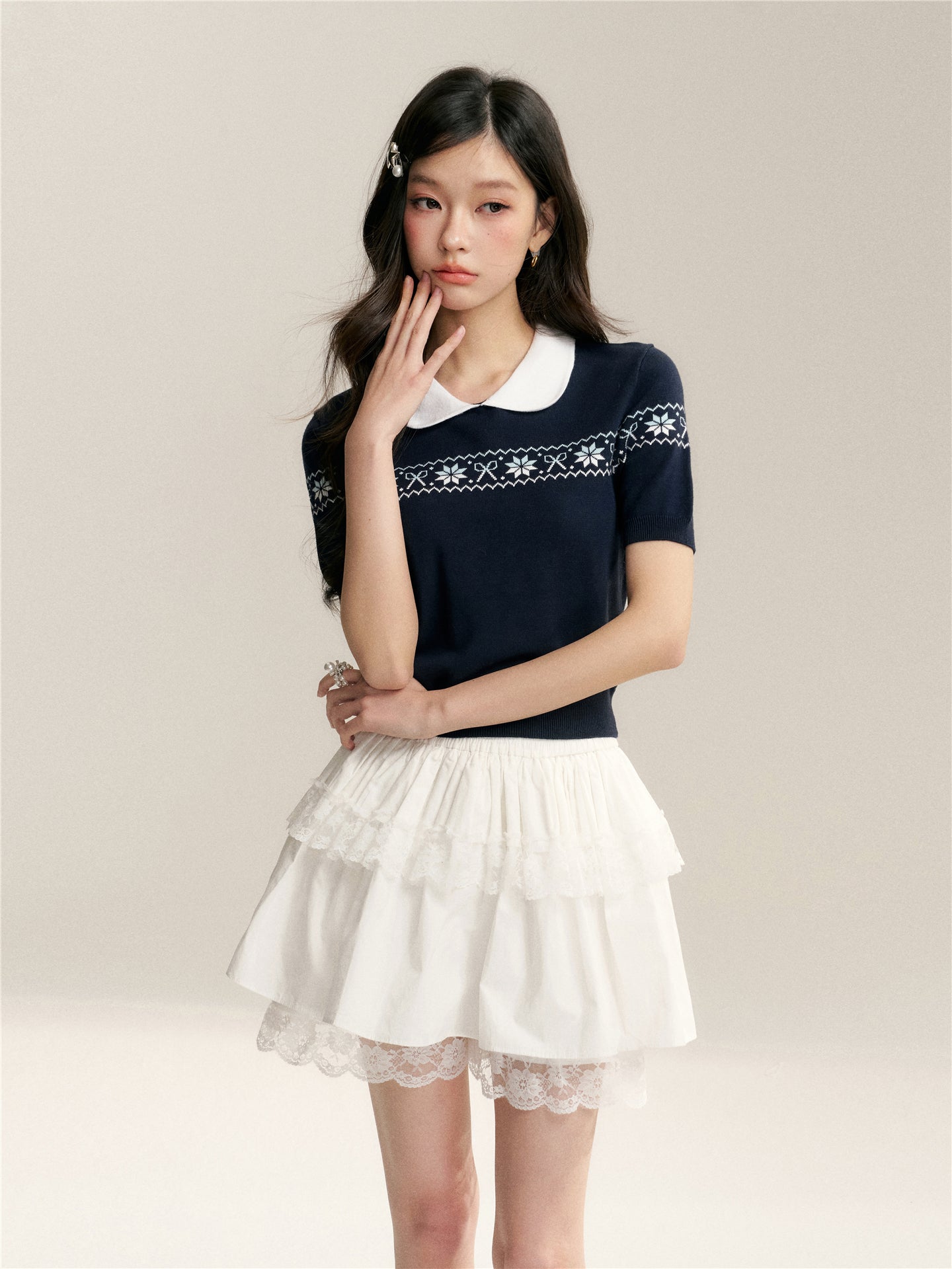 16DEWS 16D246070 Color blocked doll neck Fer Island short sleeved knit sweater