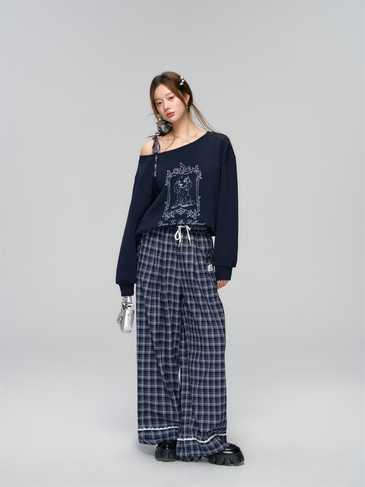 AsGony ASG24746Lace plaid wide leg pants
