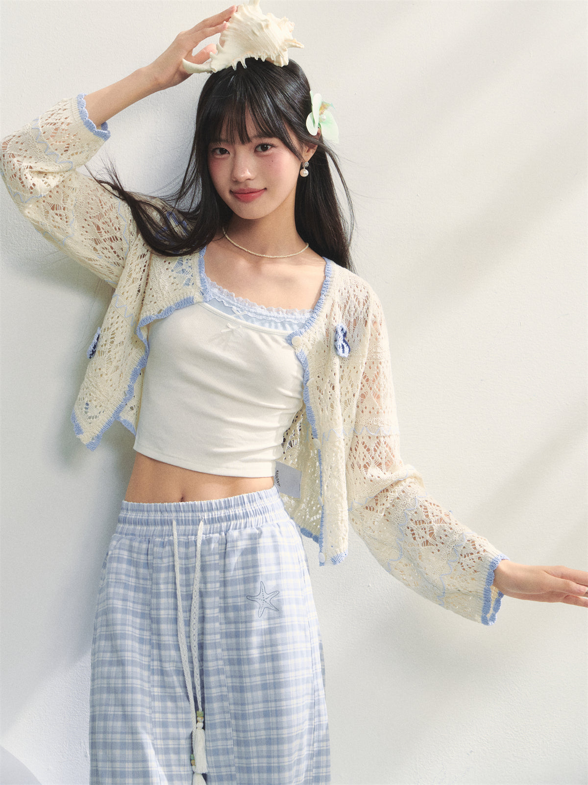 AsGony ASG25233 Ocean style hollow knitted pearl cardigan