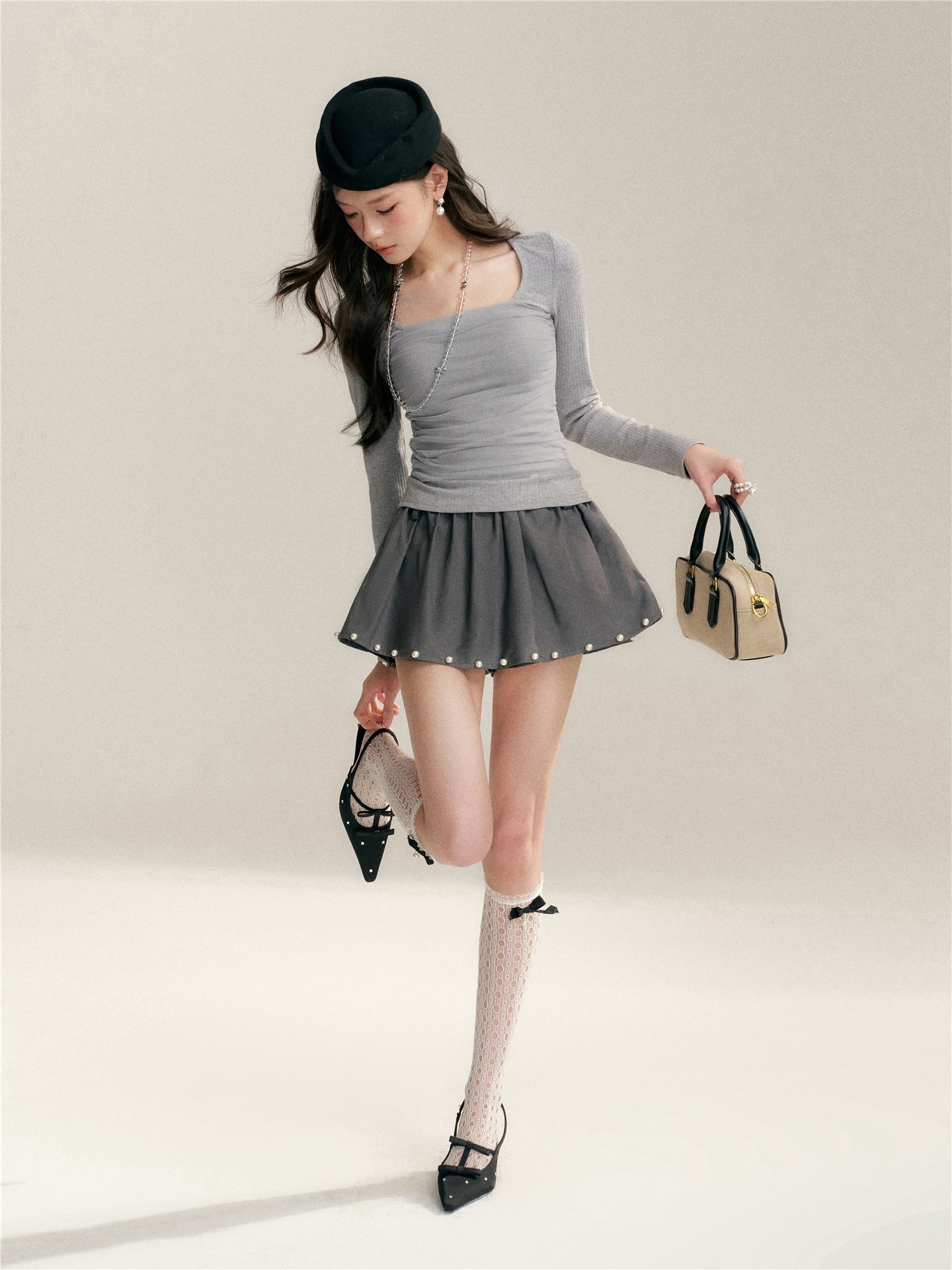 16DEWS 16D26050 Mesh splicing square collar design slim fit top