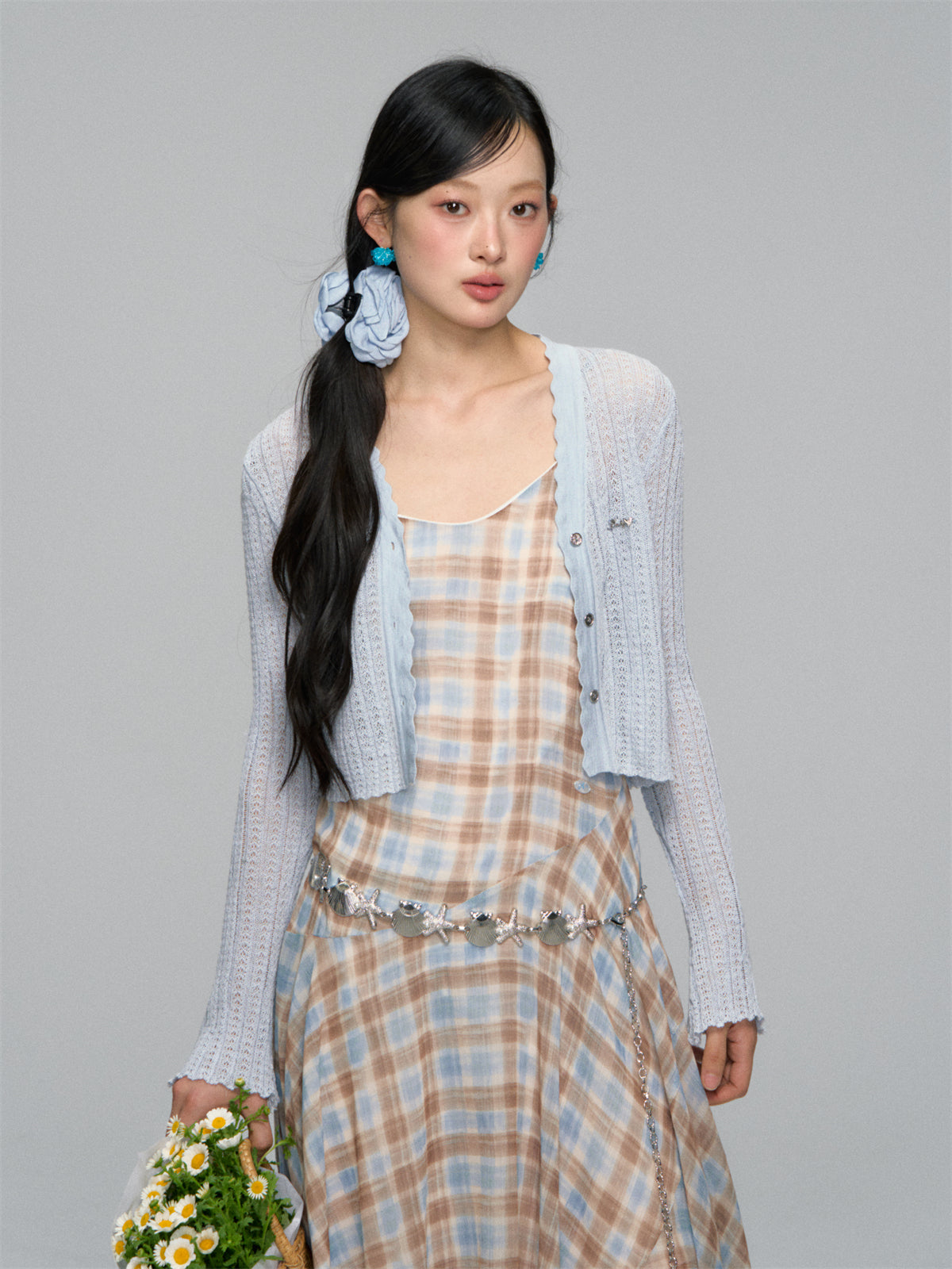 AsGony ASG25159 Irregular plaid camisole ruffle edge dress