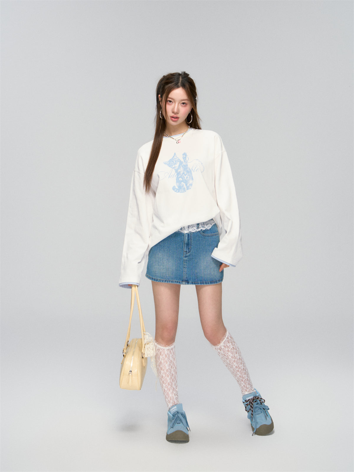 AsGony ASG25027 Lace patchwork denim pantskirt